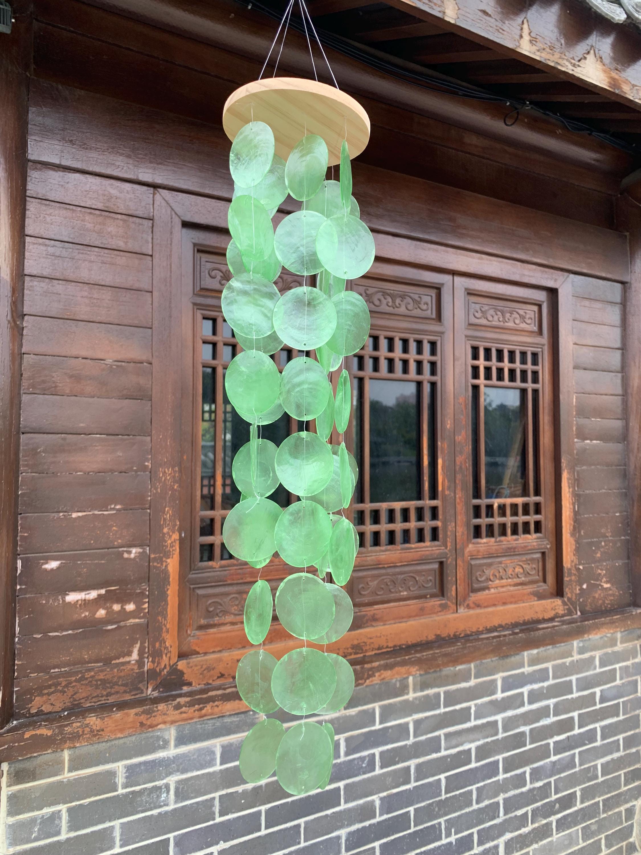 Green Hand Weaved Wind chime, Windchimes for Outdoors, Capiz Shell Wind Chime for Patio Balcony Decor, Boho Ornament