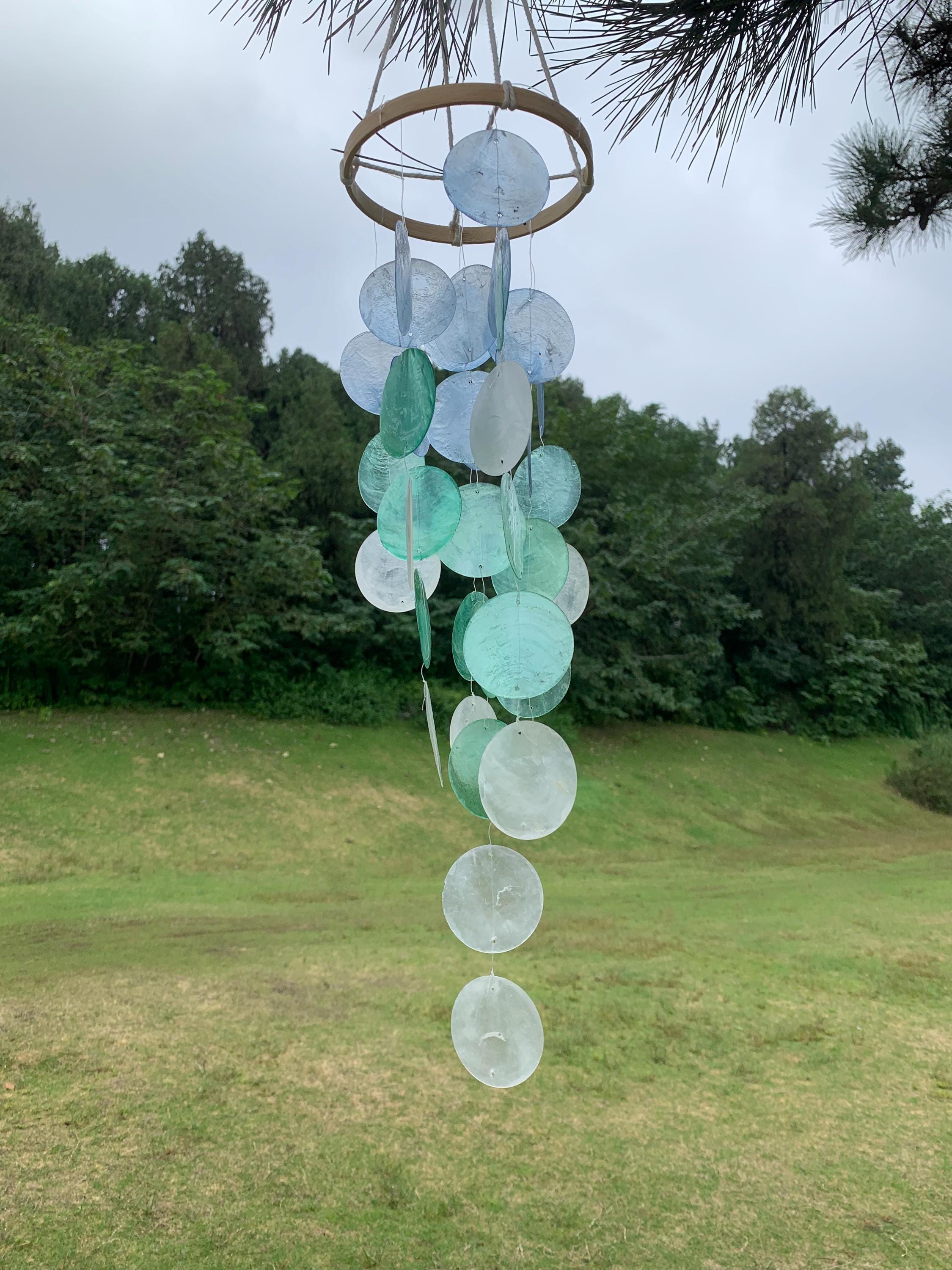 Handmade Blue & White Seashell Wind Chime,  Natural Ocean Beach Decor, Ocean Breeze Seashell Wind Chime, Beach House Decor, Gifts for Her