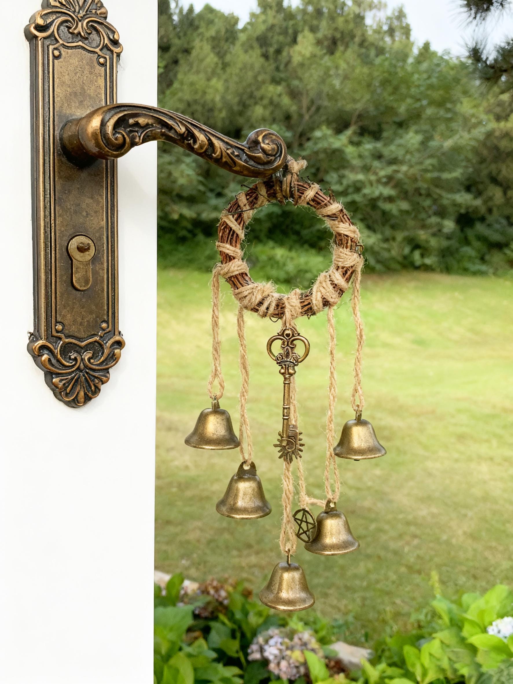 Protective Witch Bells on Wicker Ring,  Banish Negative Energy, Folk Magic Charm for Home & Garden, Boho Cottagecore Wreath Bells