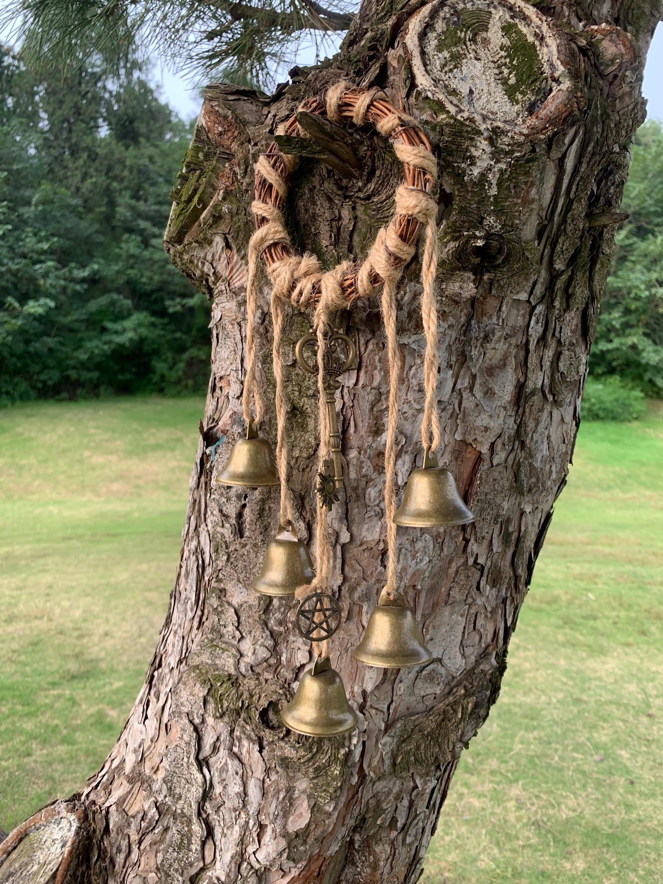 Protective Witch Bells on Wicker Ring,  Banish Negative Energy, Folk Magic Charm for Home & Garden, Boho Cottagecore Wreath Bells