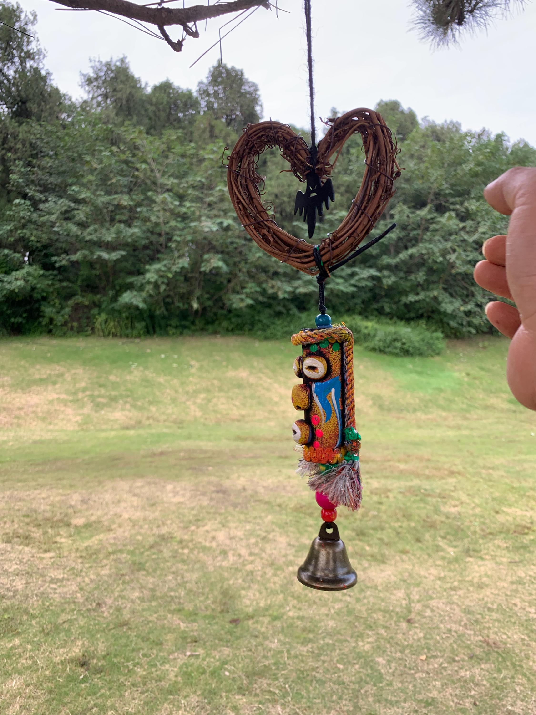 Swallow Mouth Hemp Cloth Dongba Witch Bell, Naxi Dongba Witch Bell for Protection, Pagan Altar Tool, Hanging Love Heart Witch Bells Amulet