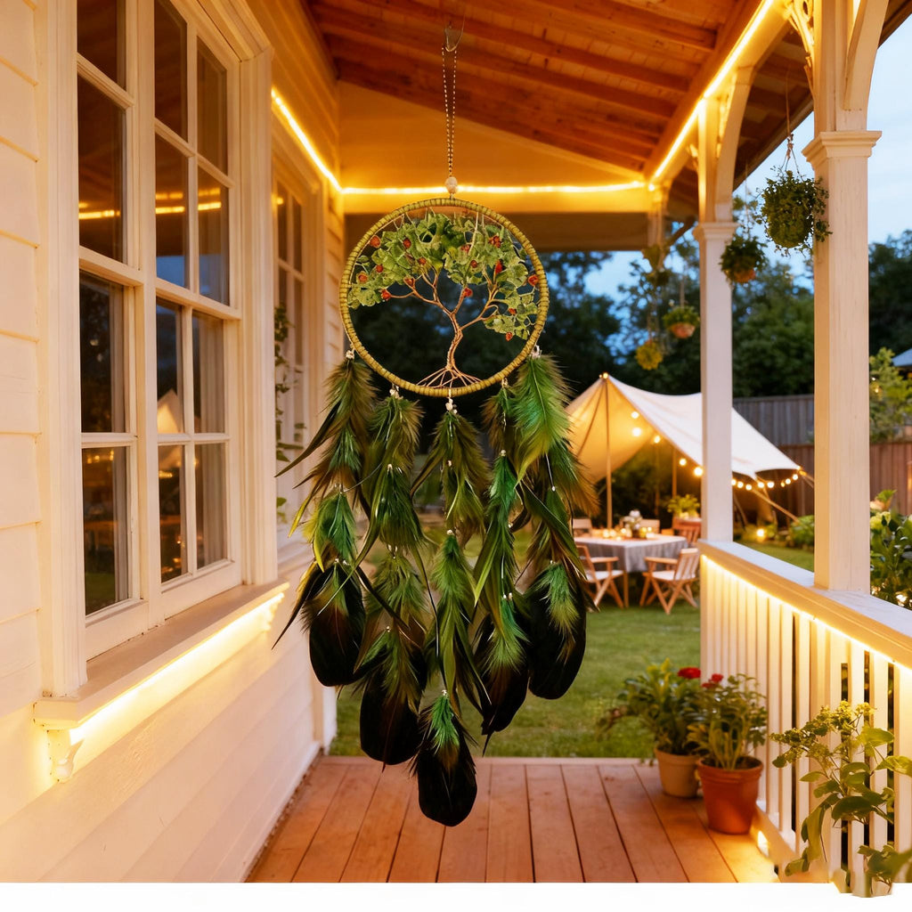 Green Feather Tree of Life Dream Catcher, Green and Gold Tree of Life