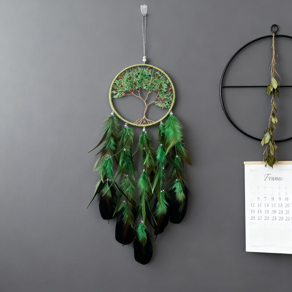 Green Feather Tree of Life Dream Catcher, Green and Gold Tree of Life