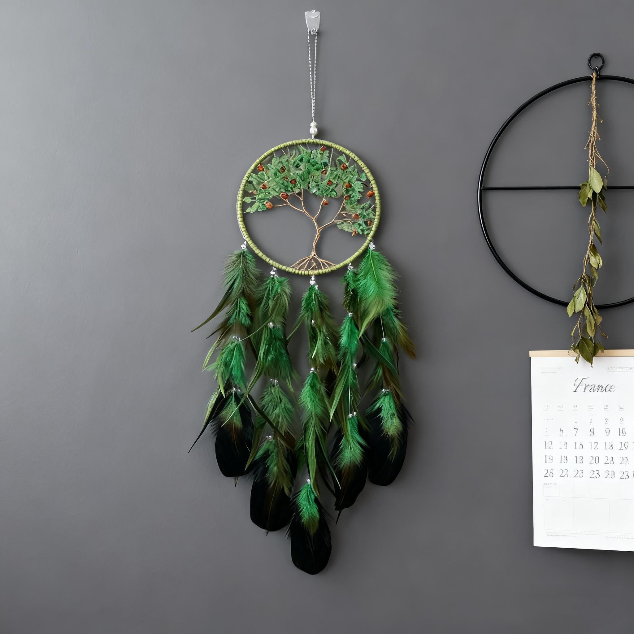 Green Feather Tree of Life Dream Catcher, Green and Gold Tree of Life