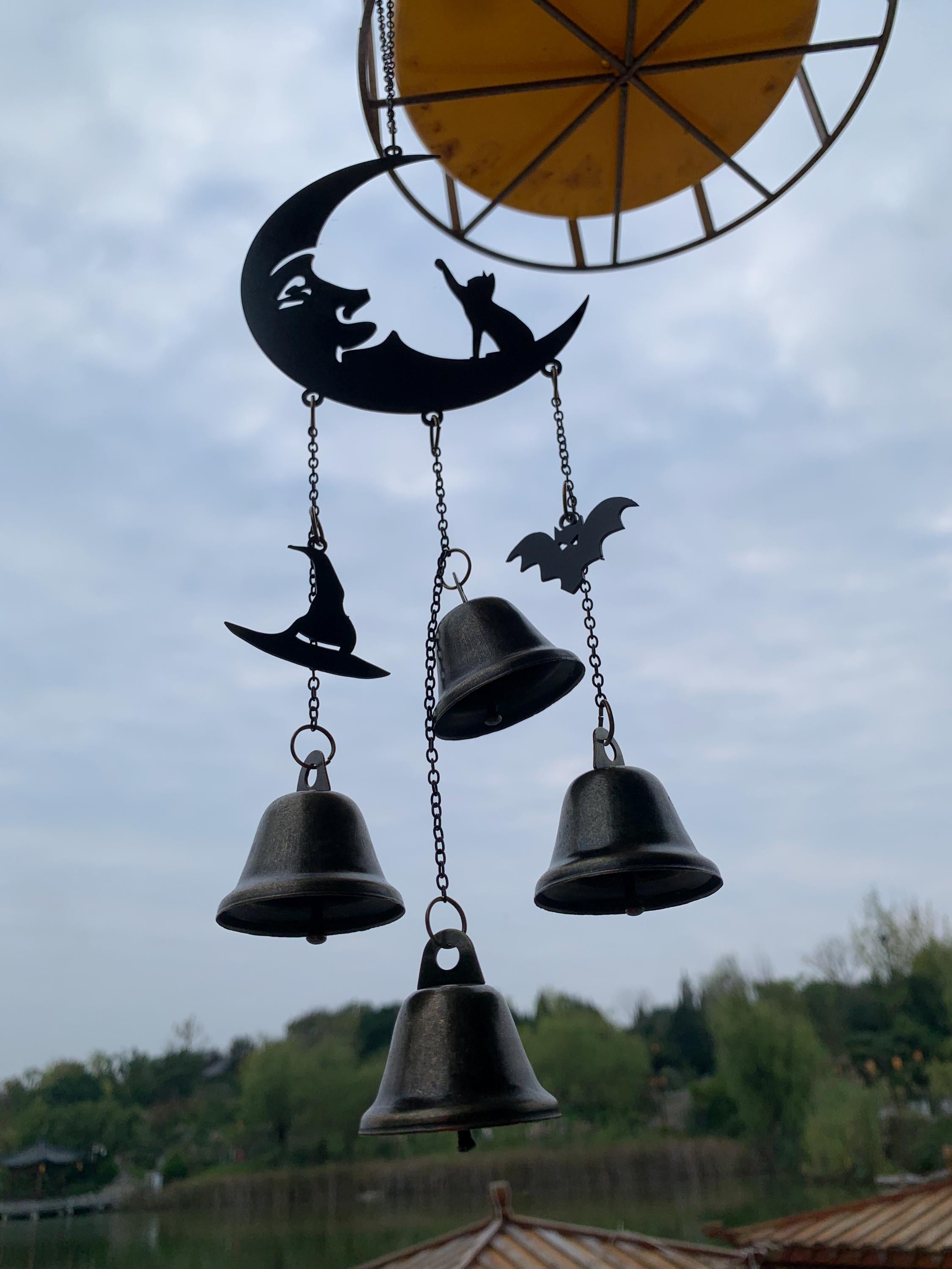 Black Moon & Cat Witch Bells, Black Moon and Silhouette Cat Hanging Bells for Home Protection, Protection Charm for Home, Witchy Gift