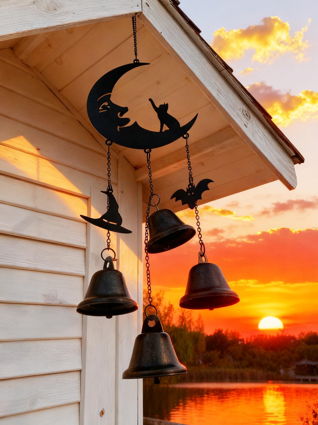 Black Moon & Cat Witch Bells, Black Moon and Silhouette Cat Hanging Bells for Home Protection, Protection Charm for Home, Witchy Gift