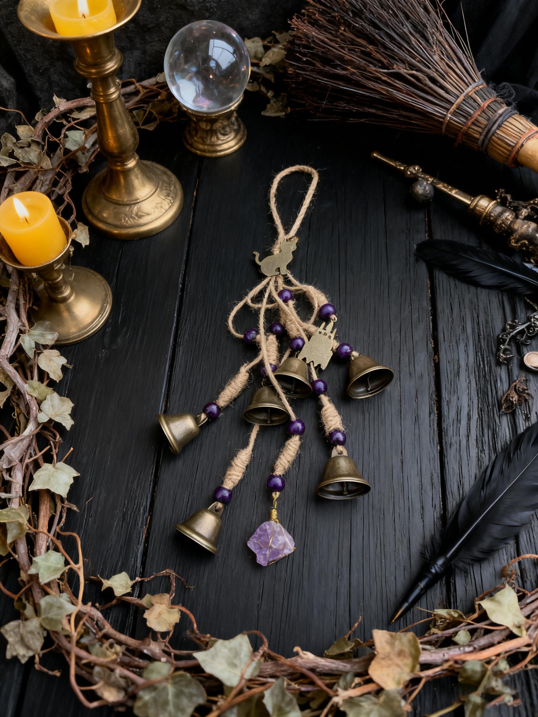Hanging Bells for Door Knob with Amethyst, Handmade Witch Bells for Wiccan, Protective Charm for Door, Home Decor, Unique Spiritual Gift