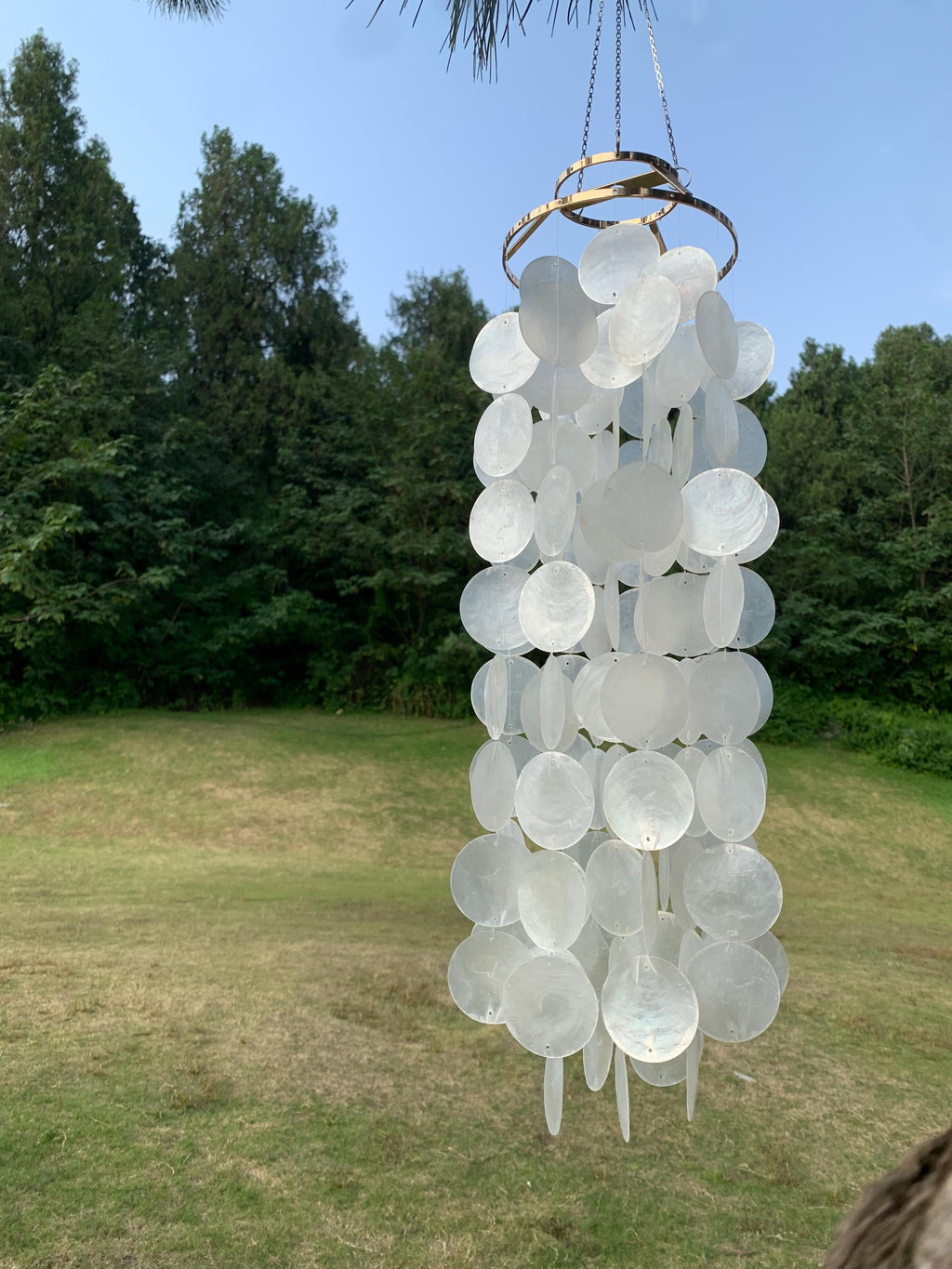 Handmade White Natural Capiz Wind Chime, Pearlescent Shell Chime for Porch, Capiz Shell Wind Chime, Wedding Gift, Porch & Garden Wind Chime