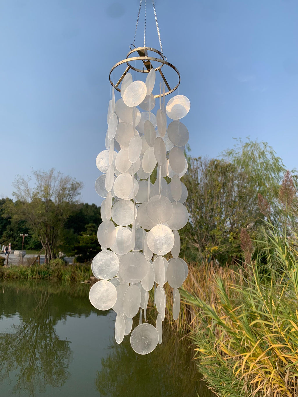 Handmade White Natural Capiz Wind Chime, Pearlescent Shell Chime for Porch, Capiz Shell Wind Chime, Wedding Gift, Porch & Garden Wind Chime