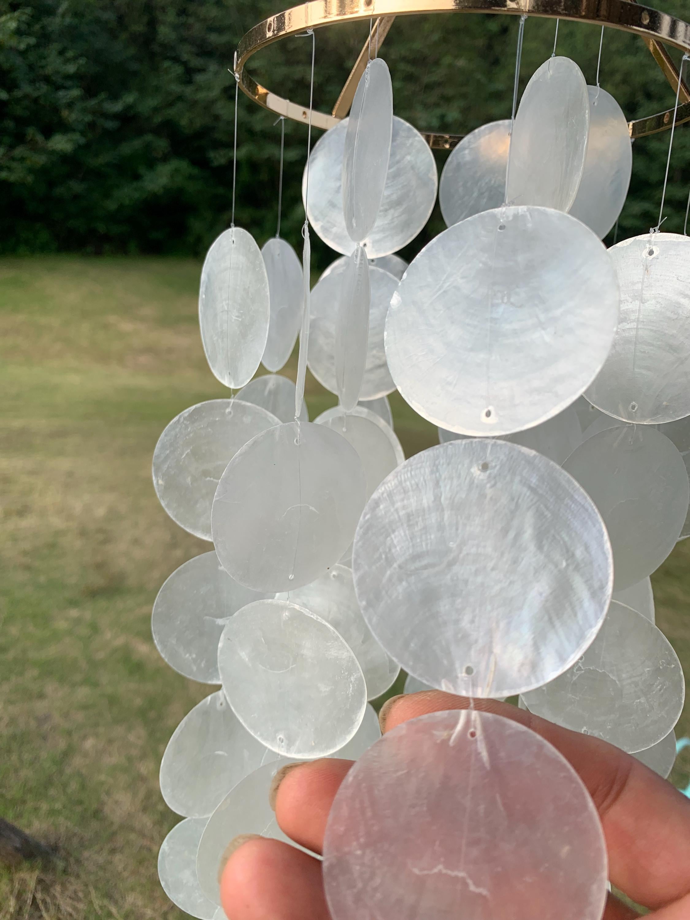 Handmade White Natural Capiz Wind Chime, Pearlescent Shell Chime for Porch, Capiz Shell Wind Chime, Wedding Gift, Porch & Garden Wind Chime