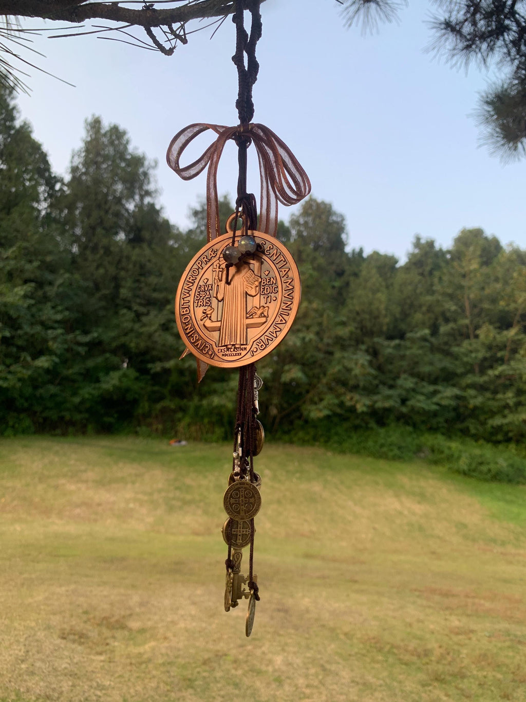 Hanging Saint Benedict Medal Witch Bells for Door Knob, Catholic Gift, Protection Charm, Christian Christmas Decor, Protection from Evil
