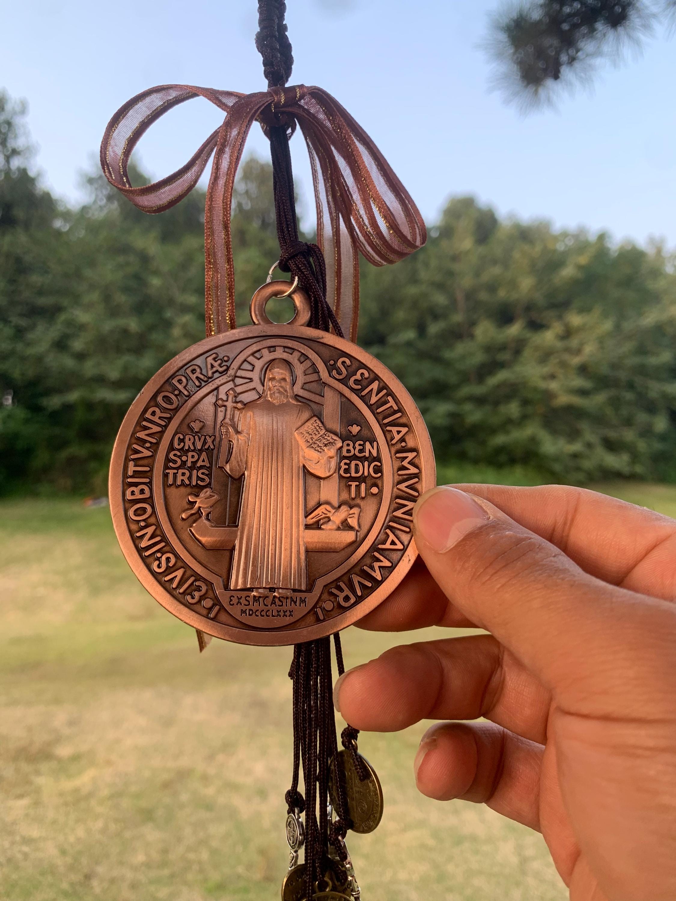 Hanging Saint Benedict Medal Witch Bells for Door Knob, Catholic Gift, Protection Charm, Christian Christmas Decor, Protection from Evil