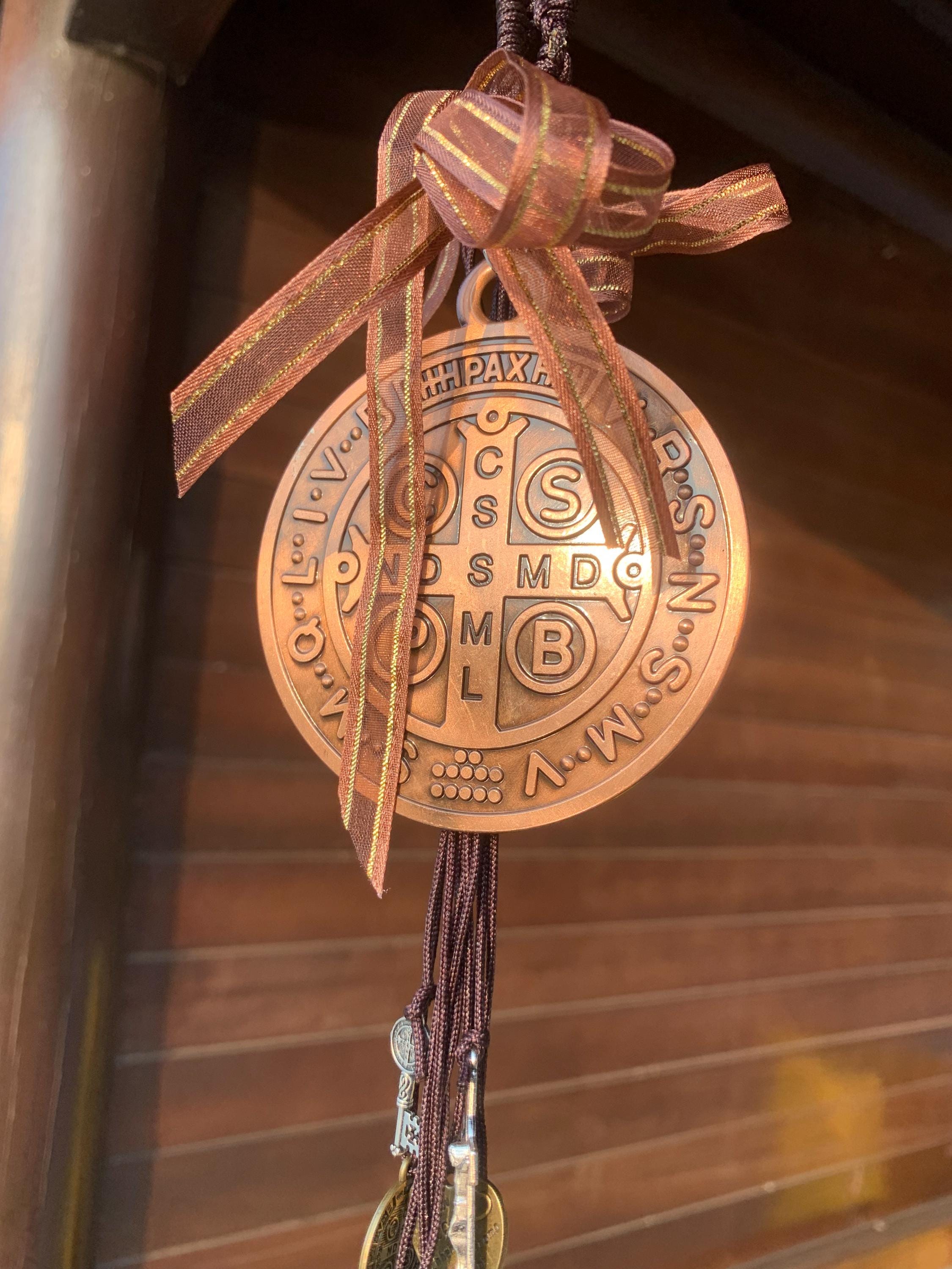 Hanging Saint Benedict Medal Witch Bells for Door Knob, Catholic Gift, Protection Charm, Christian Christmas Decor, Protection from Evil