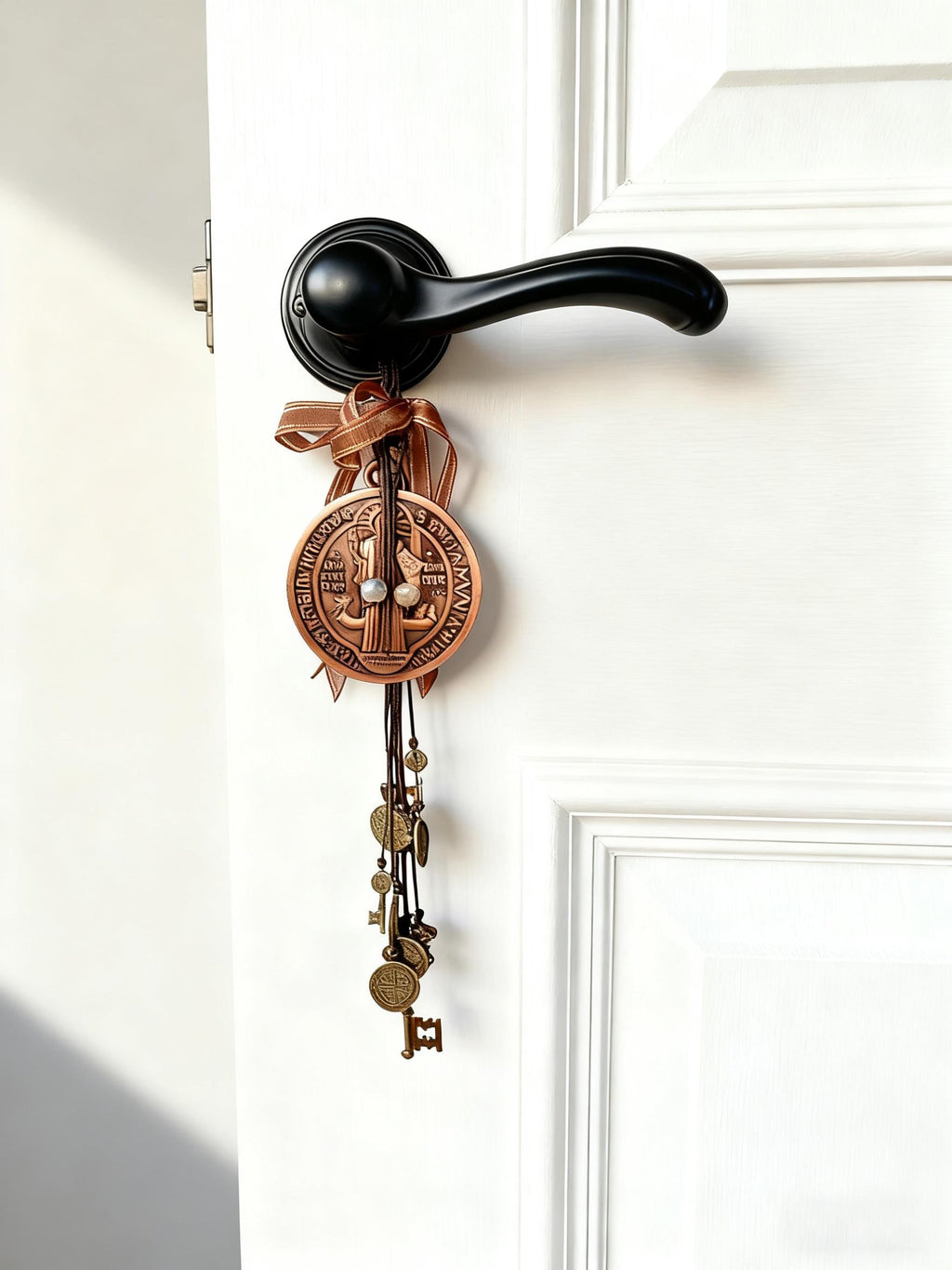 Hanging Saint Benedict Medal Witch Bells for Door Knob, Catholic Gift, Protection Charm, Christian Christmas Decor, Protection from Evil