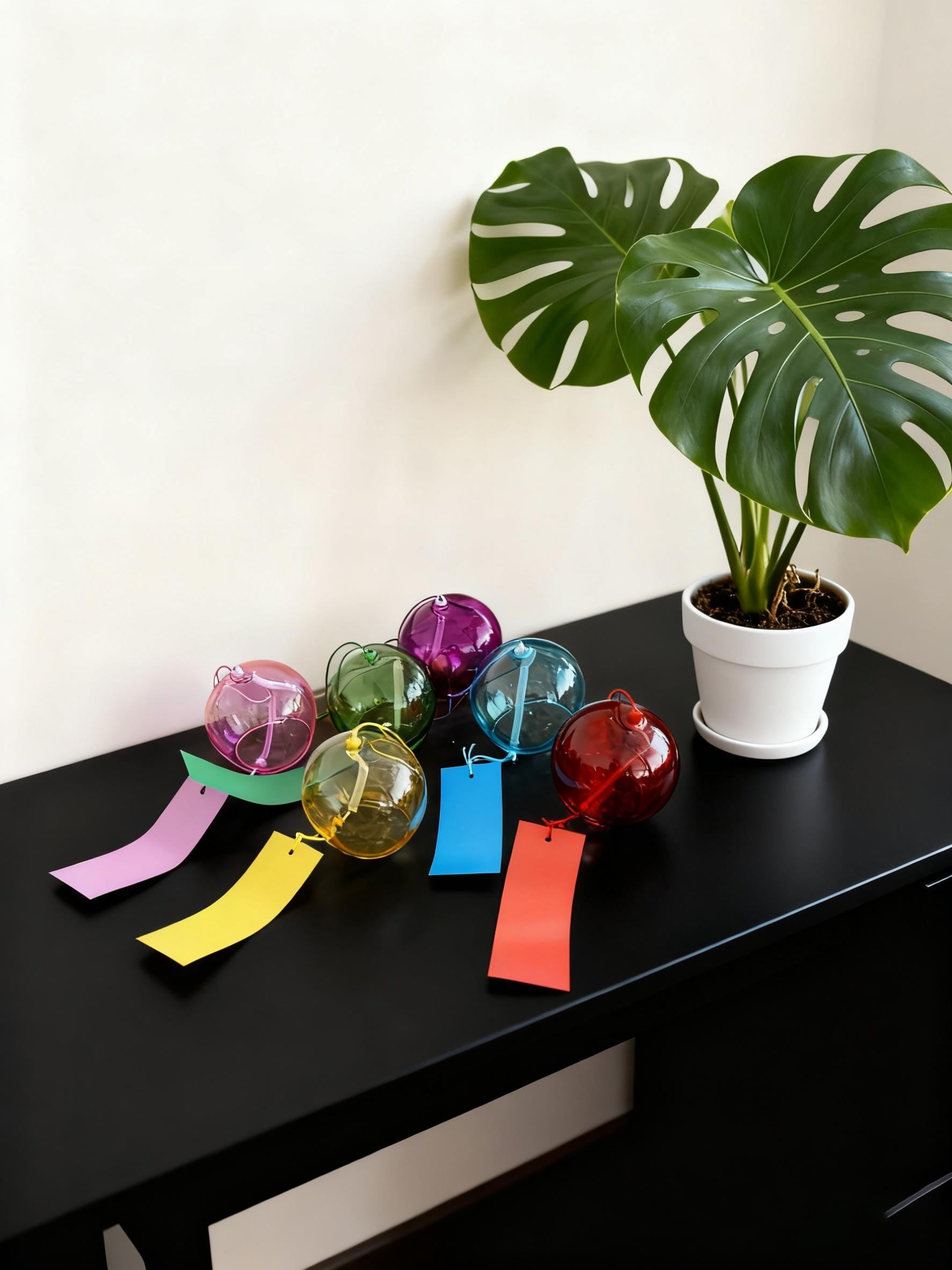 38cm/14.3IN Japanese Style Glass Wind Chime, Furin, Handmade 6 Color Swirl Glass, Soothing Melody for Garden, Porch