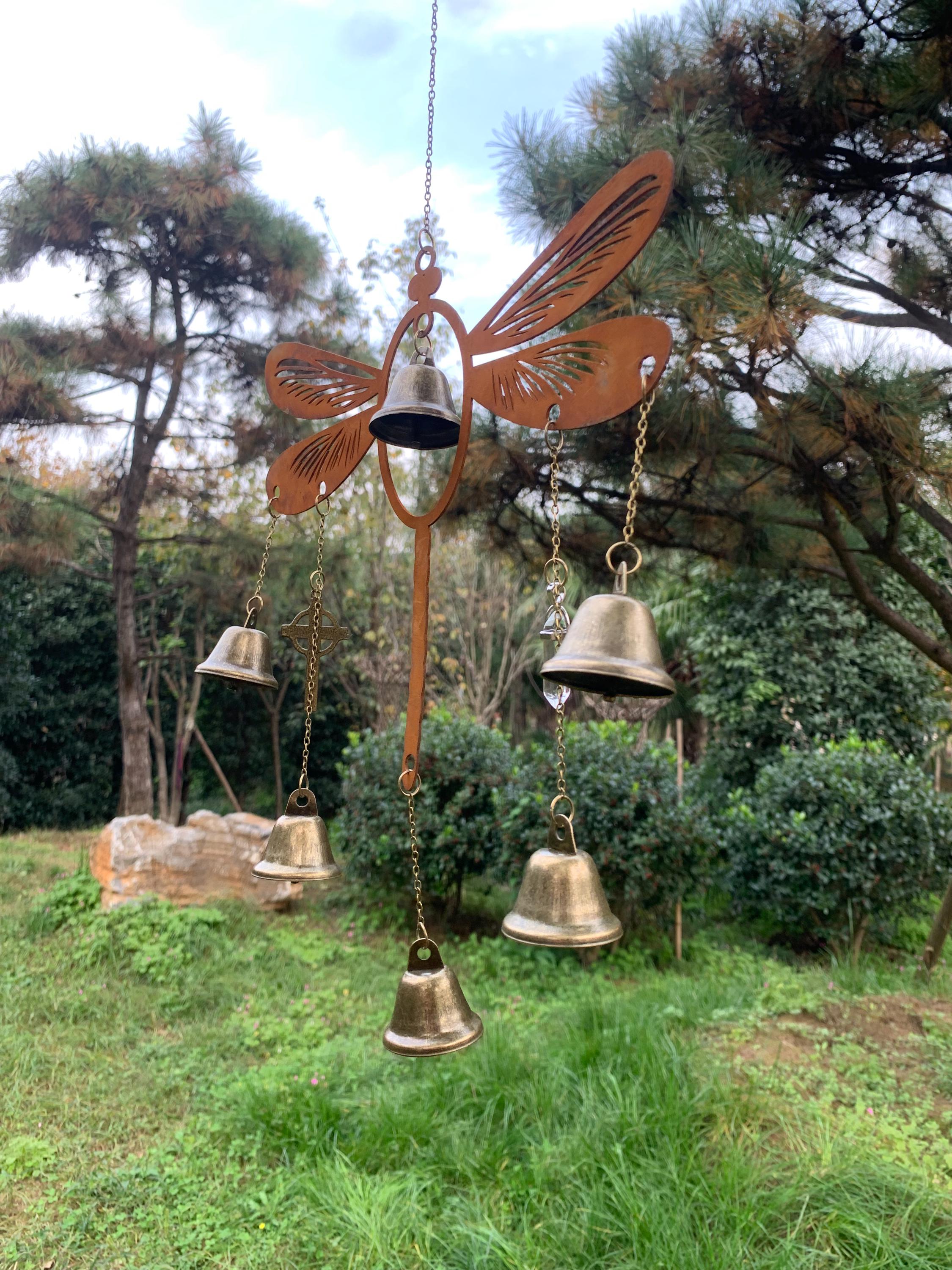 Rusty Dragonfly Witch Bells for Door Protection, Pagan Wiccan Supplies, Bohemian Home Decor, Spiritual Housewarming Gift, Iron Dragonfly art