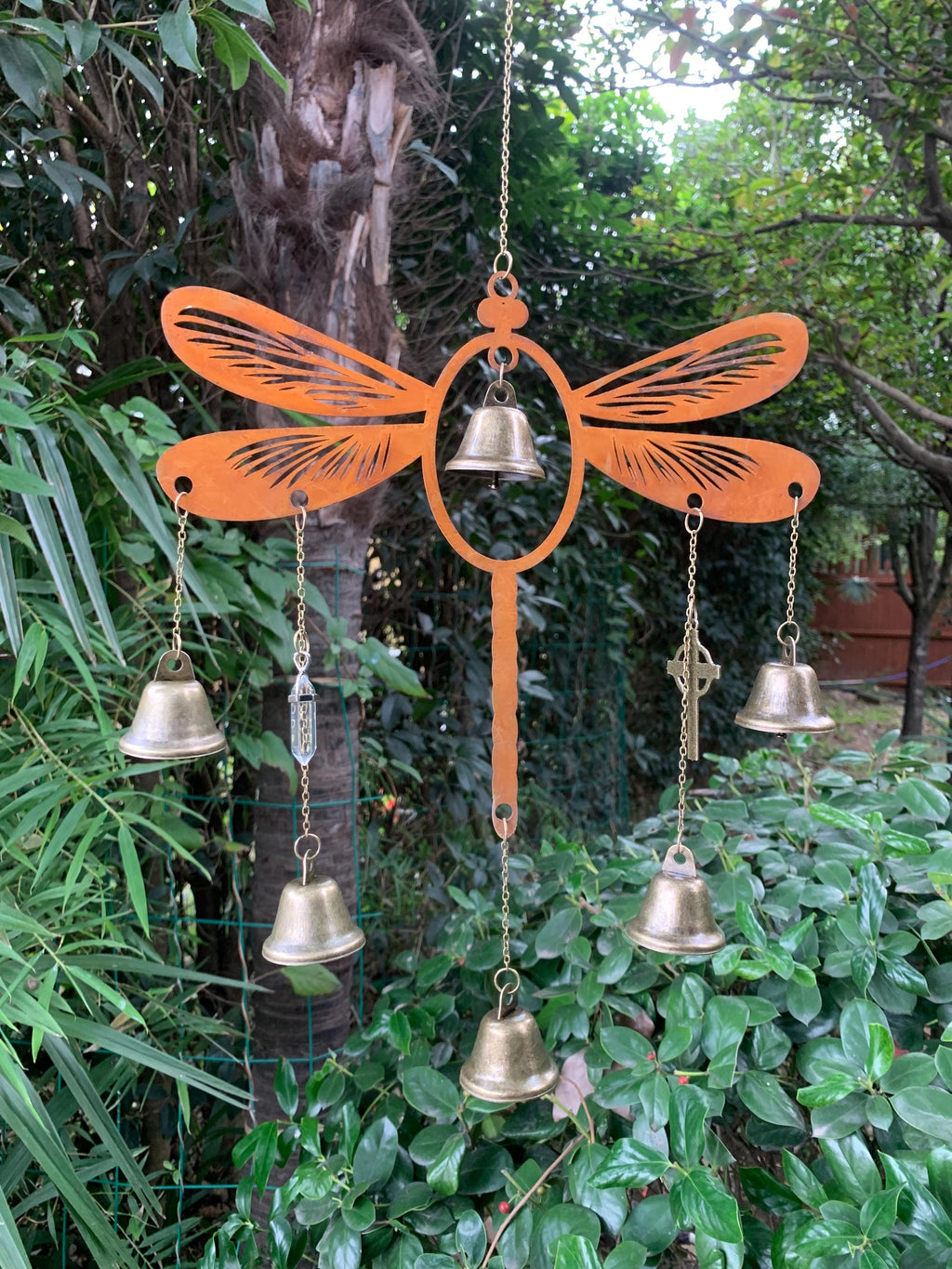 Rusty Dragonfly Witch Bells for Door Protection, Pagan Wiccan Supplies, Bohemian Home Decor, Spiritual Housewarming Gift, Iron Dragonfly art