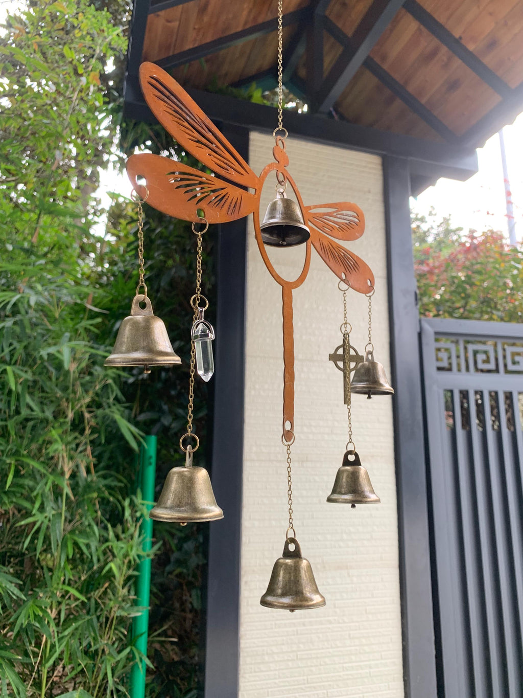 Rusty Dragonfly Witch Bells for Door Protection, Pagan Wiccan Supplies, Bohemian Home Decor, Spiritual Housewarming Gift, Iron Dragonfly art