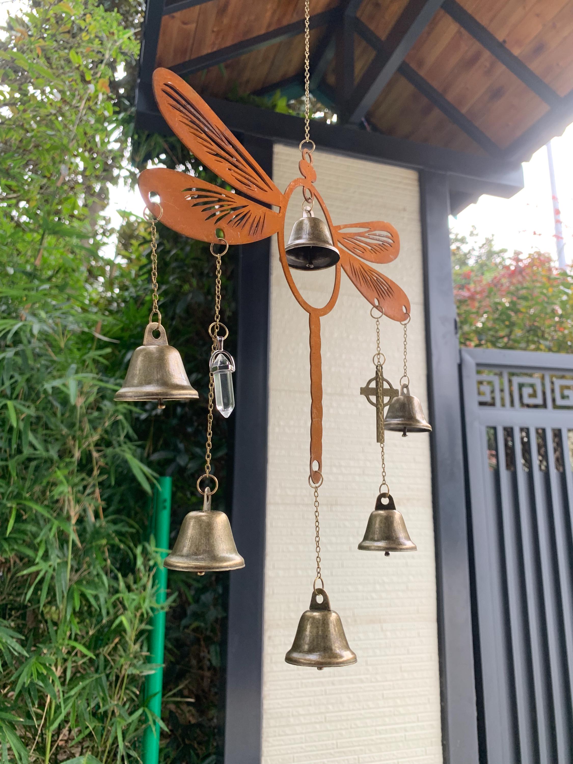 Rusty Dragonfly Witch Bells for Door Protection, Pagan Wiccan Supplies, Bohemian Home Decor, Spiritual Housewarming Gift, Iron Dragonfly art