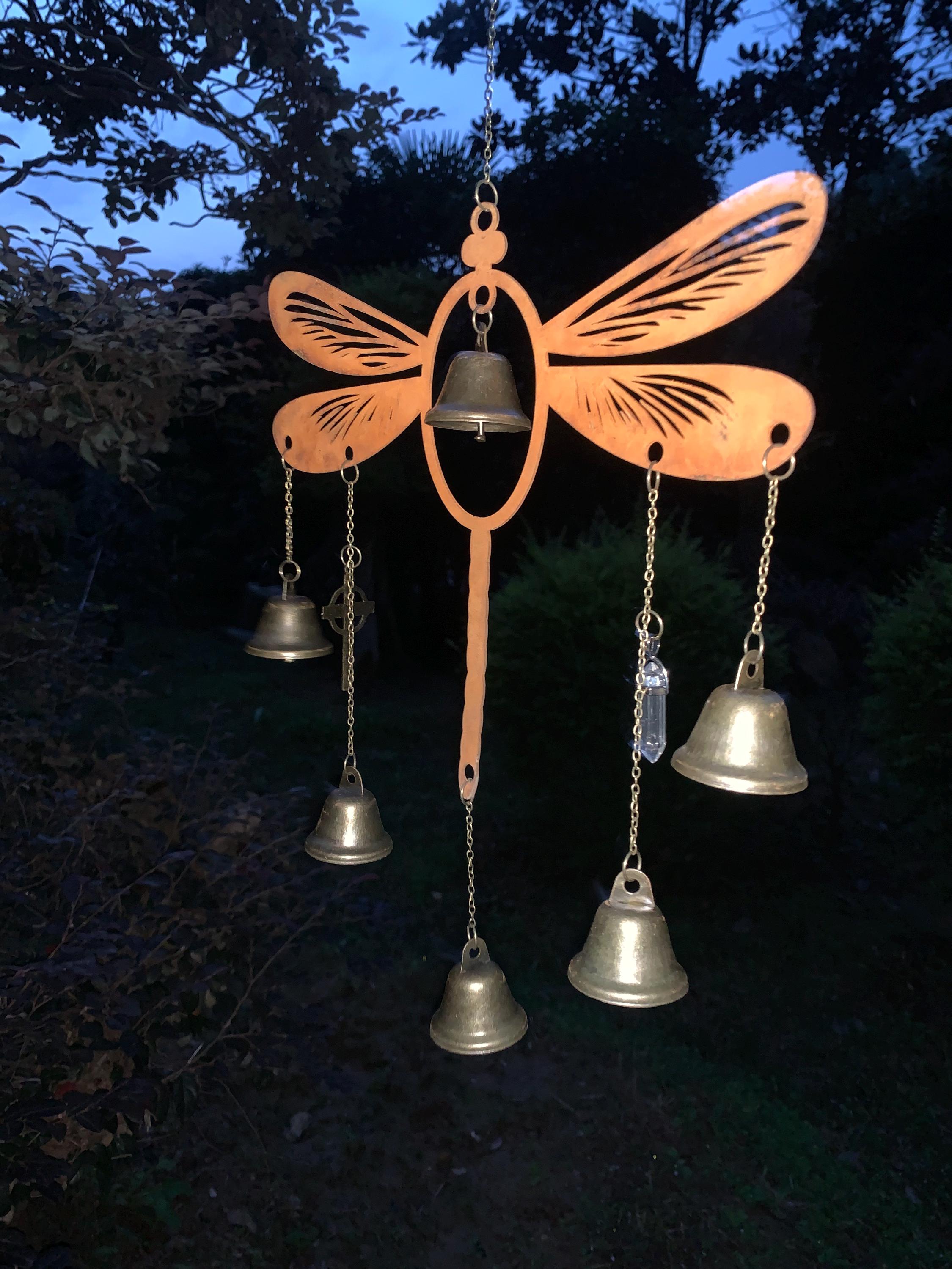 Rusty Dragonfly Witch Bells for Door Protection, Pagan Wiccan Supplies, Bohemian Home Decor, Spiritual Housewarming Gift, Iron Dragonfly art