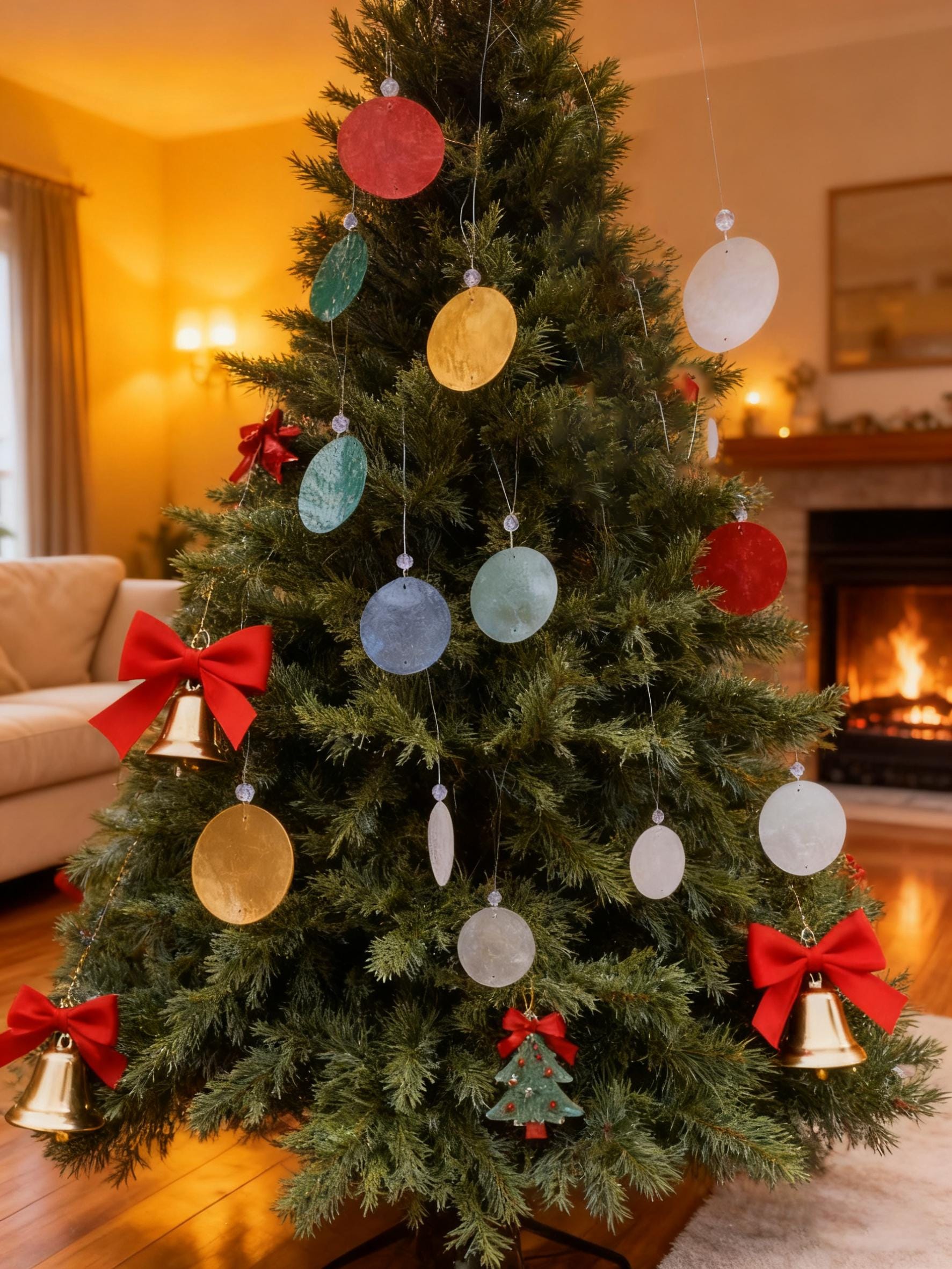 Colorful Natural Capiz Shell Ornament, Iridescent Yule Tree Decoration, Handmade Boho Christmas Bauble, Minimalist Holiday Decor, Yule Decor