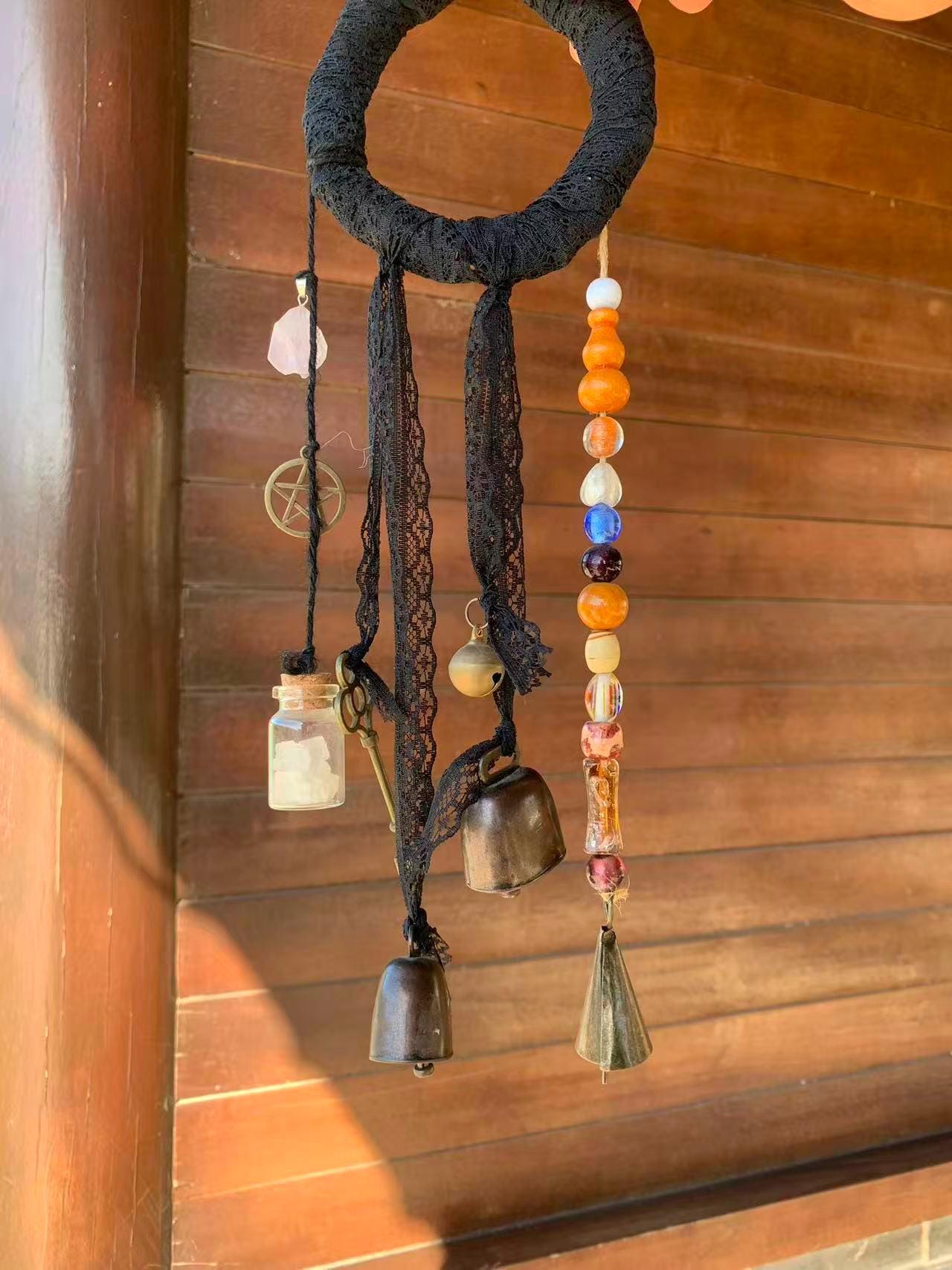 Black Wreath Hanging Wind Bell for Door Hangers, Witch Bells with Vintage Antique Iron Key, Purple Stone and Black Lace, Witchy Gift