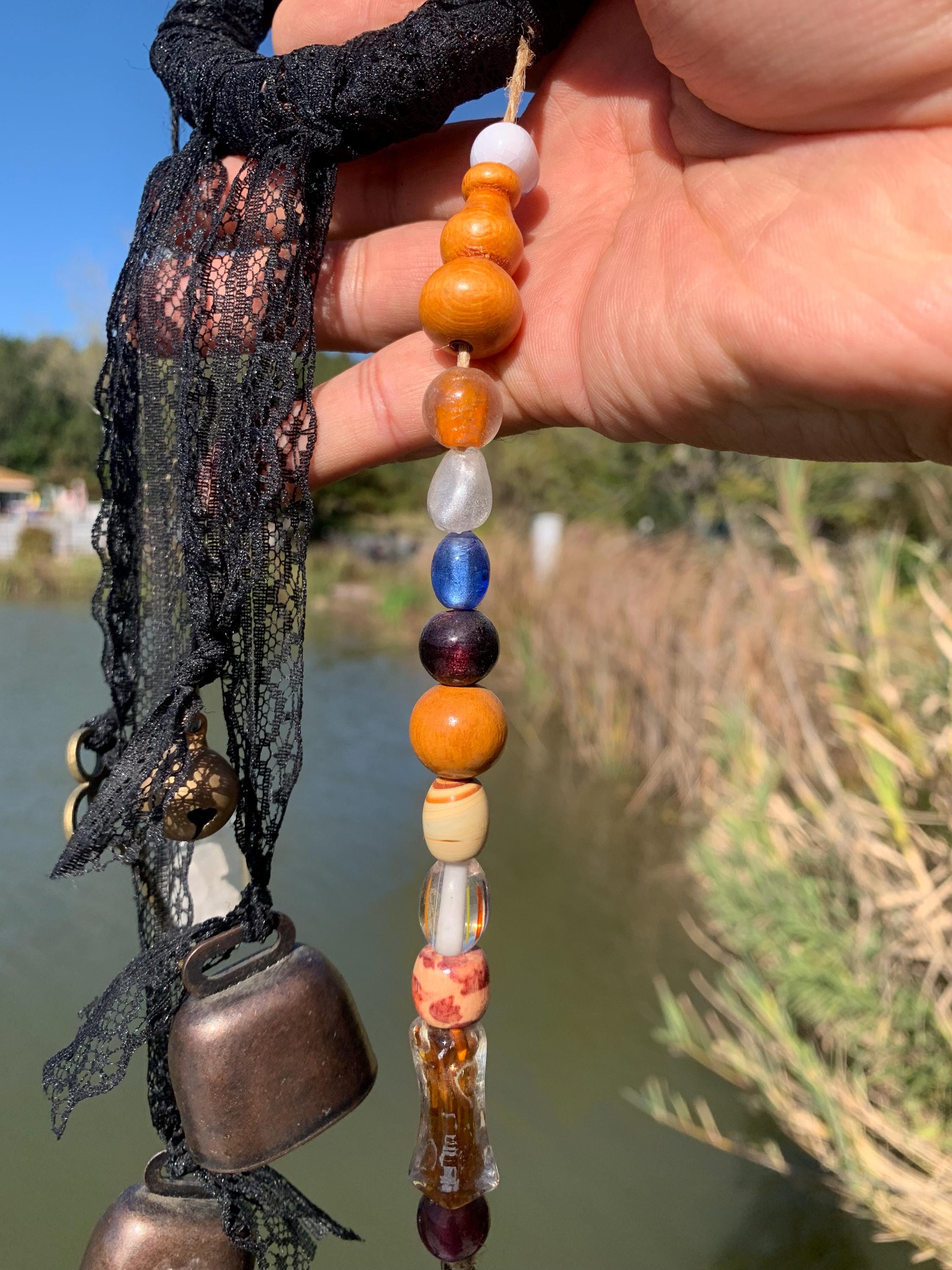 Black Wreath Hanging Wind Bell for Door Hangers, Witch Bells with Vintage Antique Iron Key, Purple Stone and Black Lace, Witchy Gift