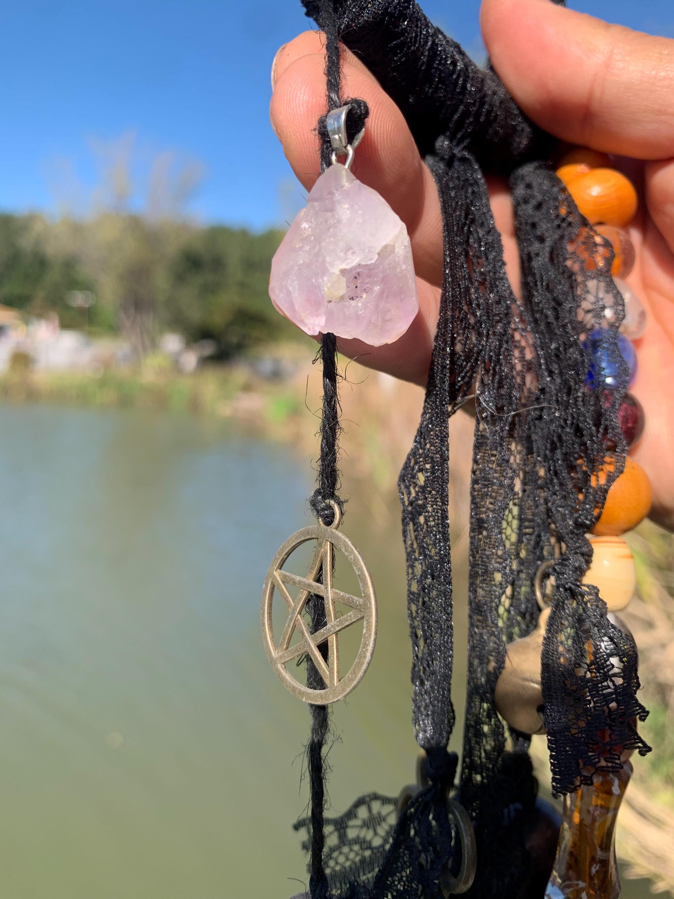 Black Wreath Hanging Wind Bell for Door Hangers, Witch Bells with Vintage Antique Iron Key, Purple Stone and Black Lace, Witchy Gift