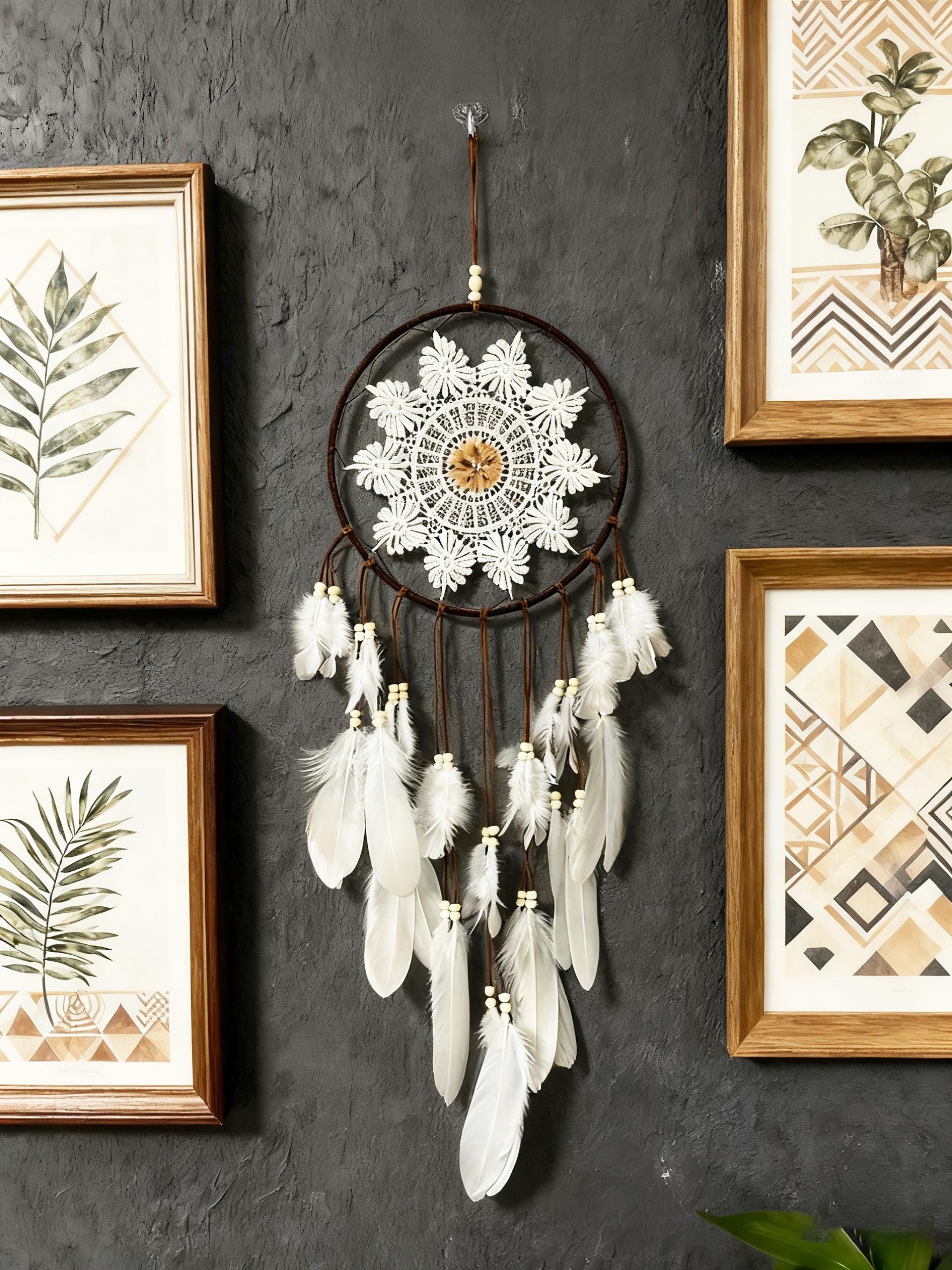 White Feather Dream Catcher, Boho White Feather Dream Catcher for Peaceful Dreams, Boho Chic Wall Hanging with White Feathers, Gift for Her