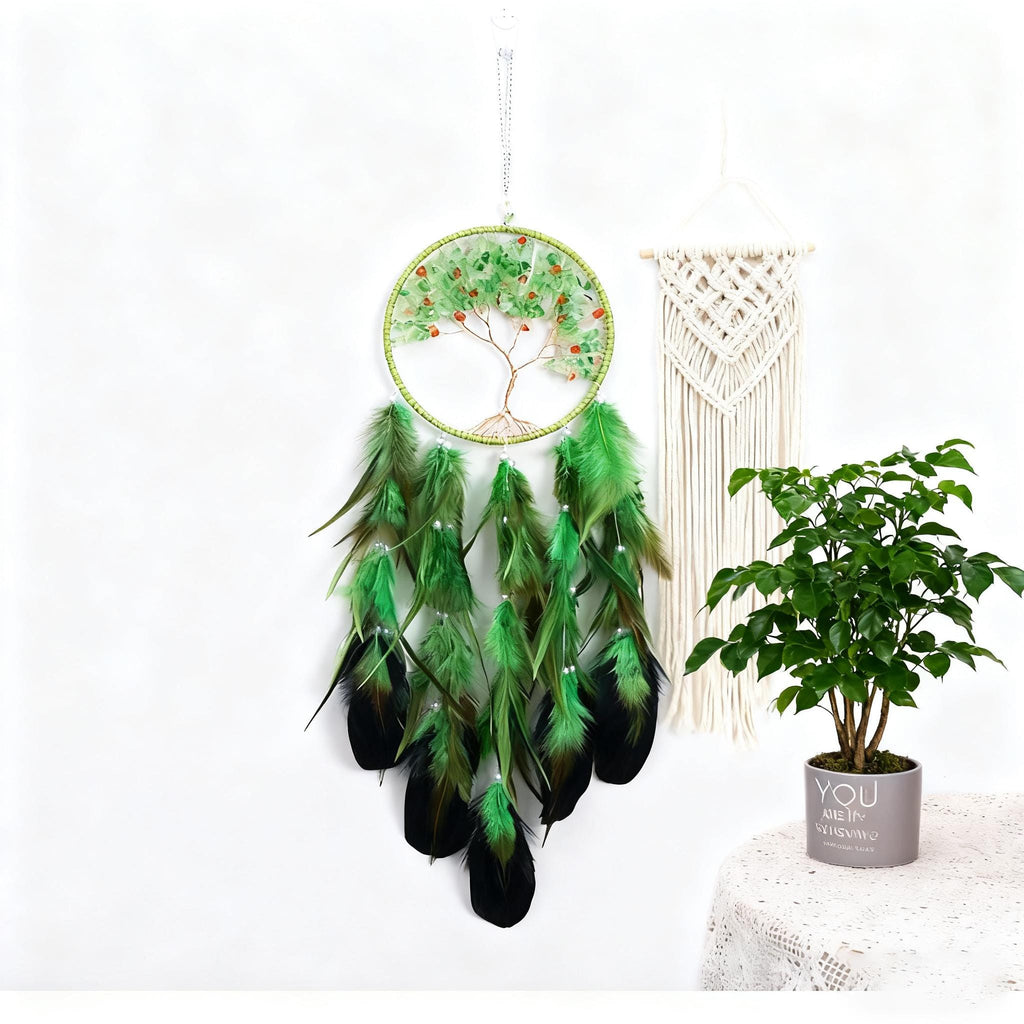 Green Feather Tree of Life Dream Catcher, Green and Gold Tree of Life Dream Catcher, Nature Inspired Decor, Tree of Life Wall Hanging