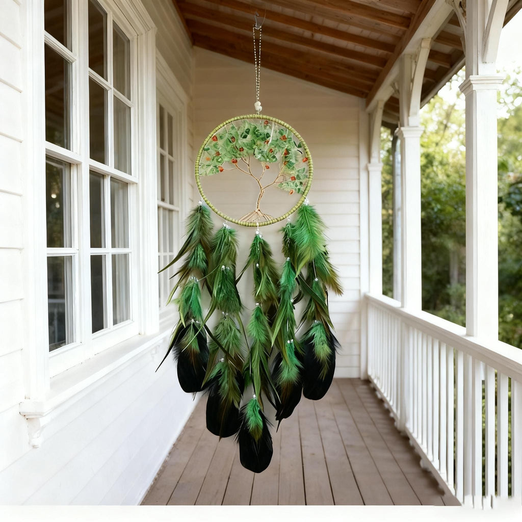 Green Feather Tree of Life Dream Catcher, Green and Gold Tree of Life