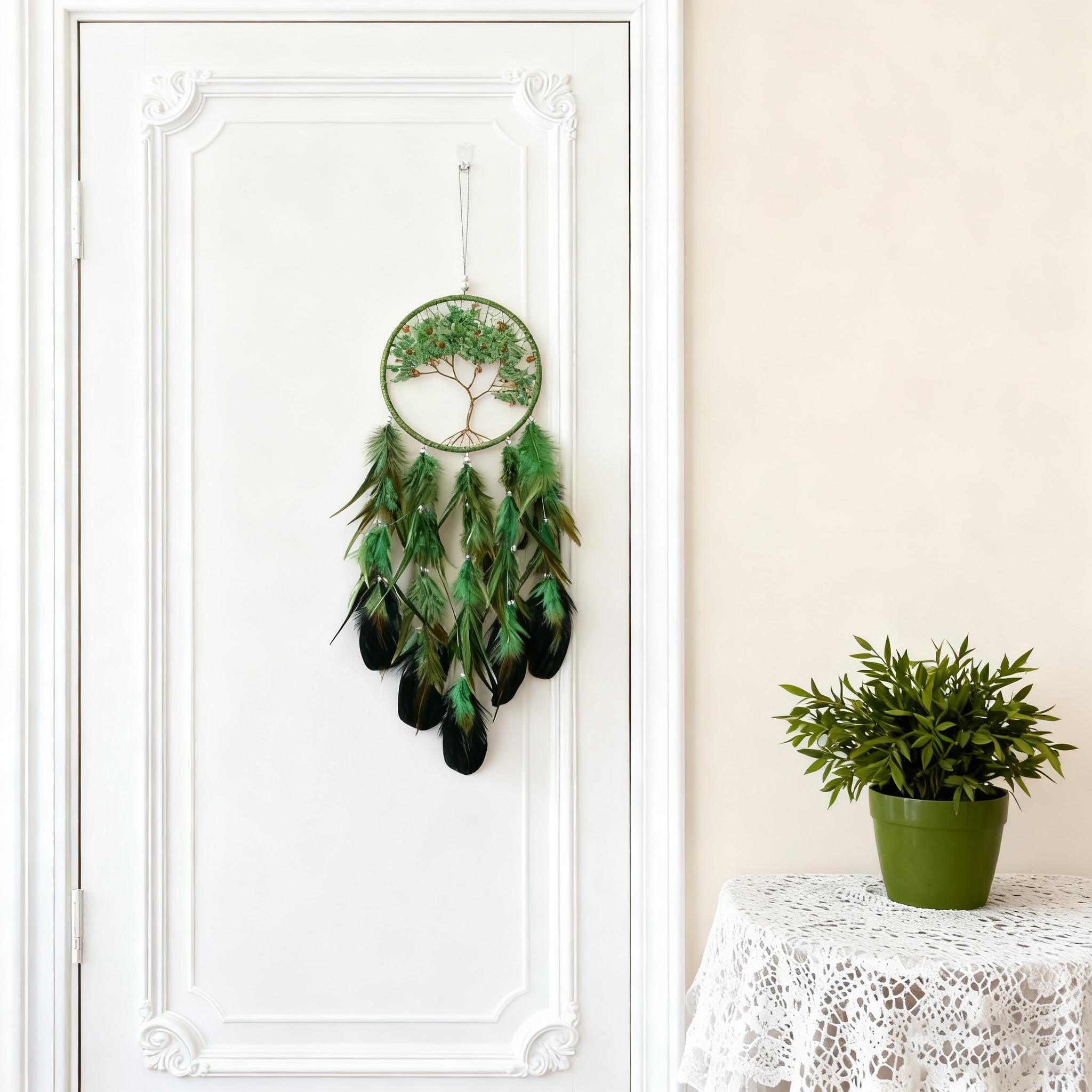 Green Feather Tree of Life Dream Catcher, Green and Gold Tree of Life Dream Catcher, Nature Inspired Decor, Tree of Life Wall Hanging