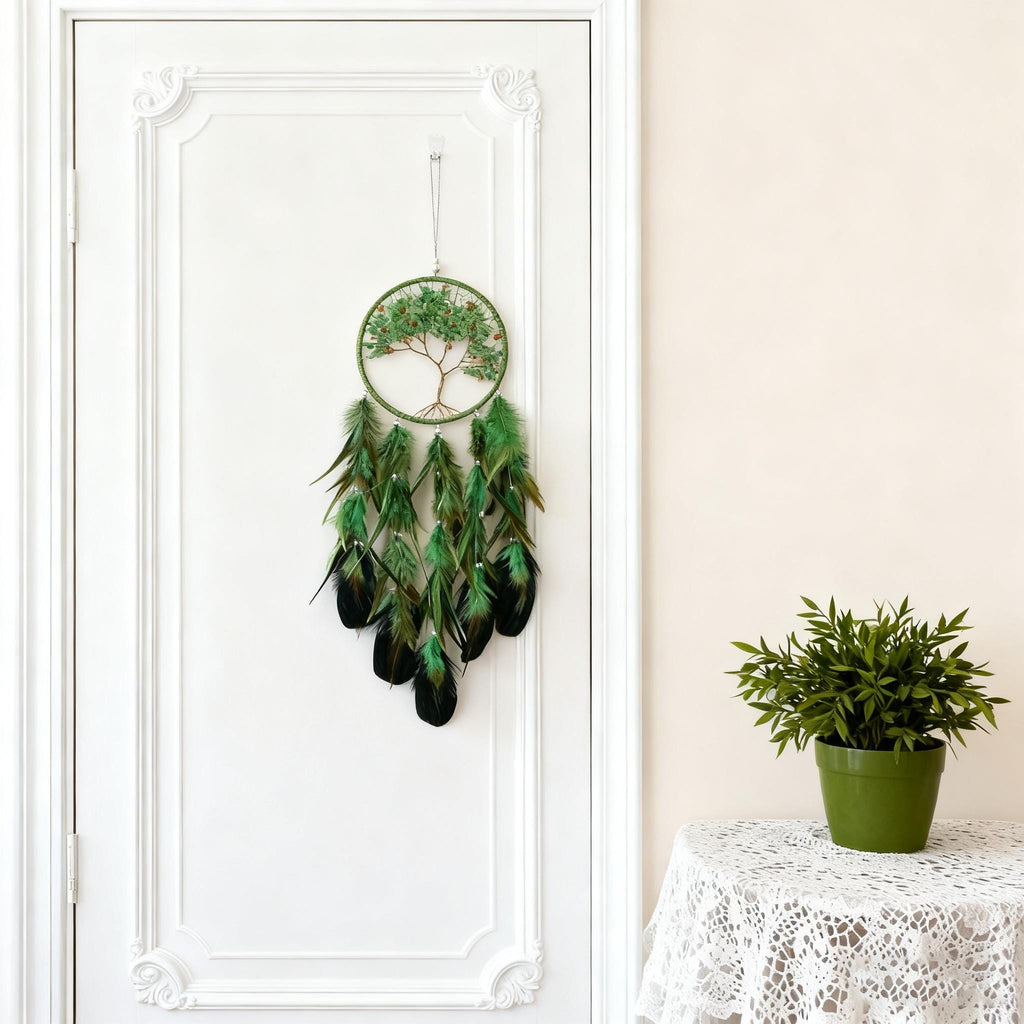 Green Feather Tree of Life Dream Catcher, Green and Gold Tree of Life