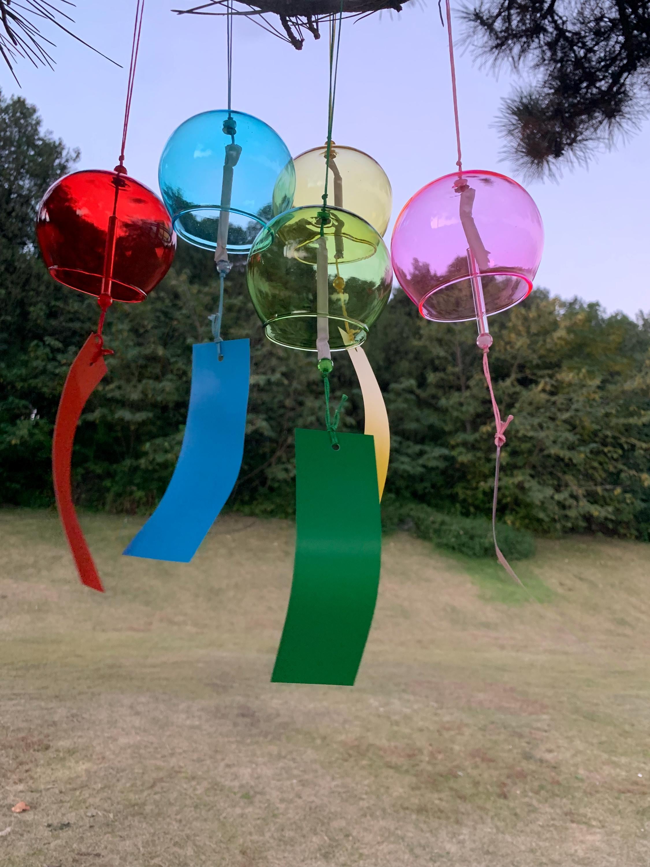 38cm/14.3IN Japanese Style Glass Wind Chime, Furin, Handmade 6 Color Swirl Glass, Soothing Melody for Garden, Porch