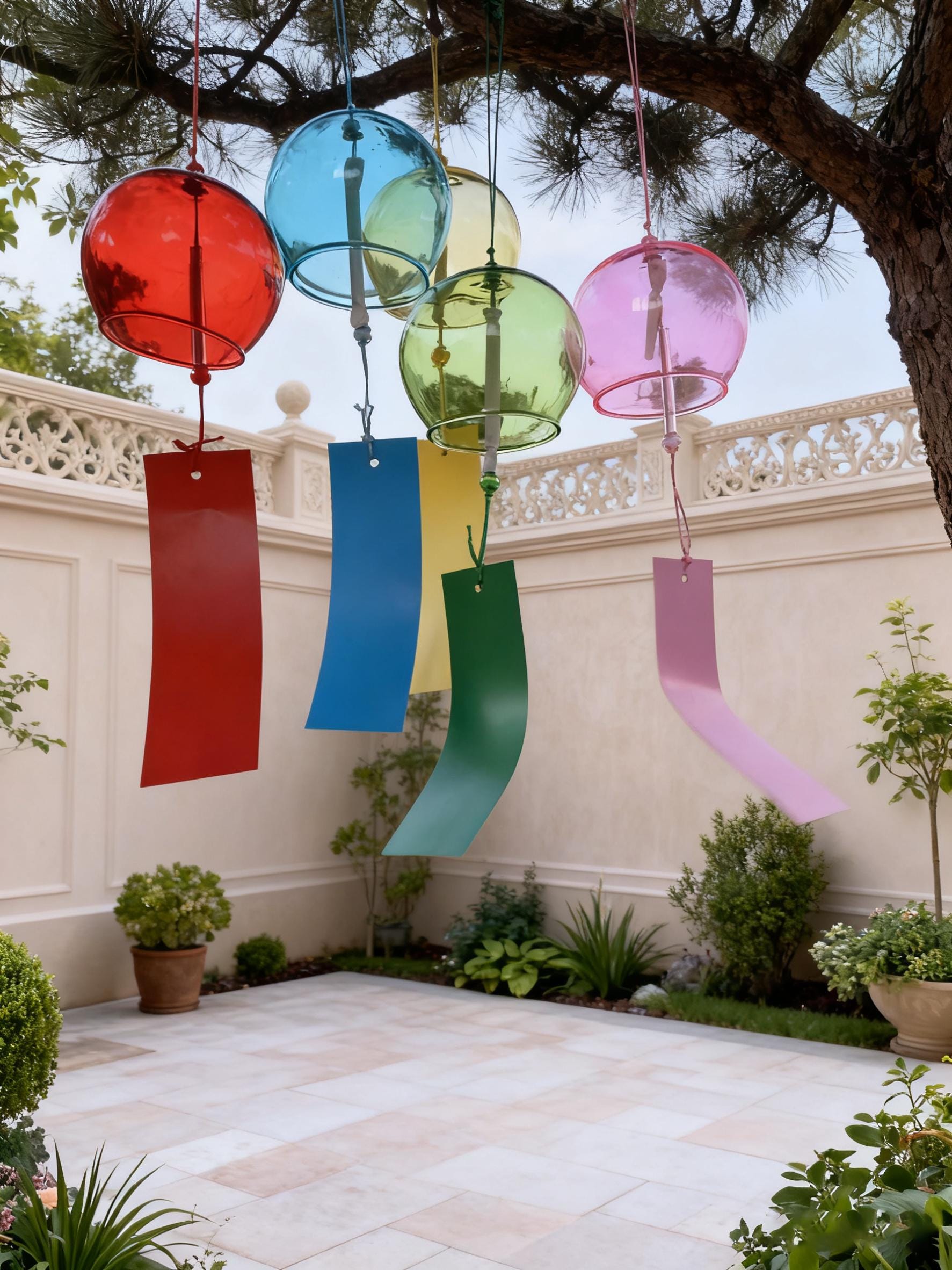 38cm/14.3IN Japanese Style Glass Wind Chime, Furin, Handmade 6 Color Swirl Glass, Soothing Melody for Garden, Porch