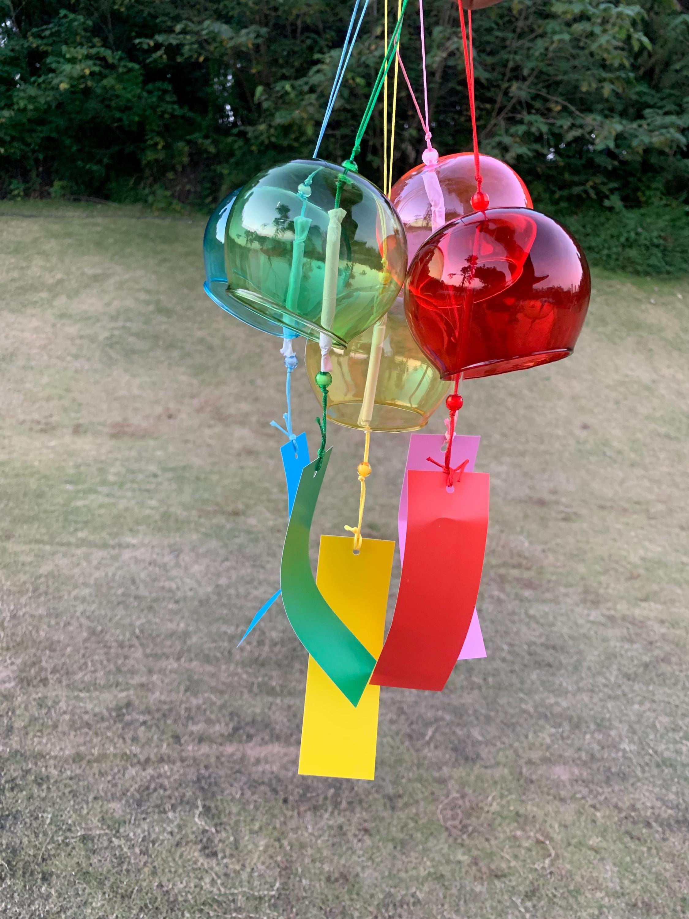 38cm/14.3IN Japanese Style Glass Wind Chime, Furin, Handmade 6 Color Swirl Glass, Soothing Melody for Garden, Porch