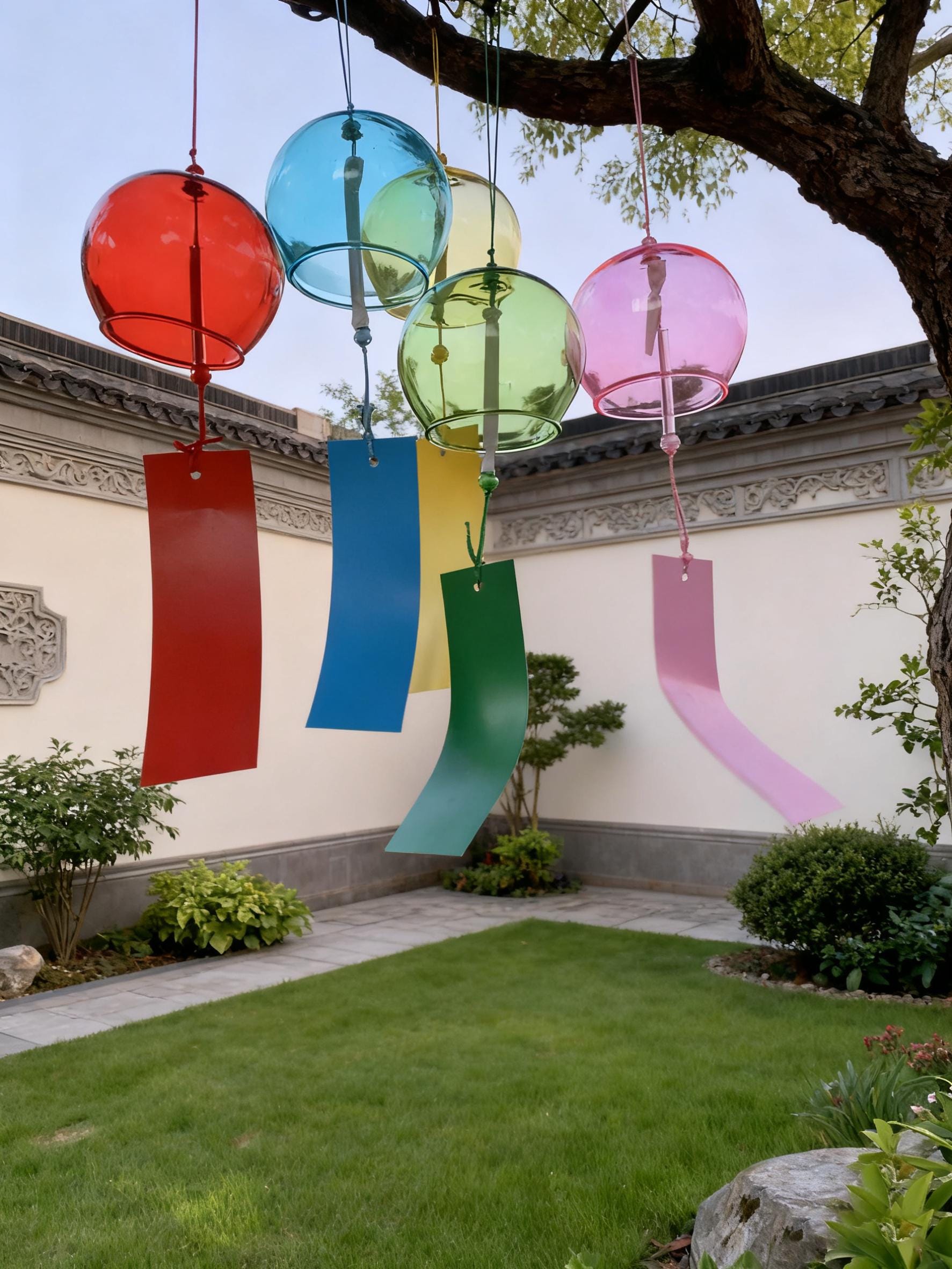 38cm/14.3IN Japanese Style Glass Wind Chime, Furin, Handmade 6 Color Swirl Glass, Soothing Melody for Garden, Porch