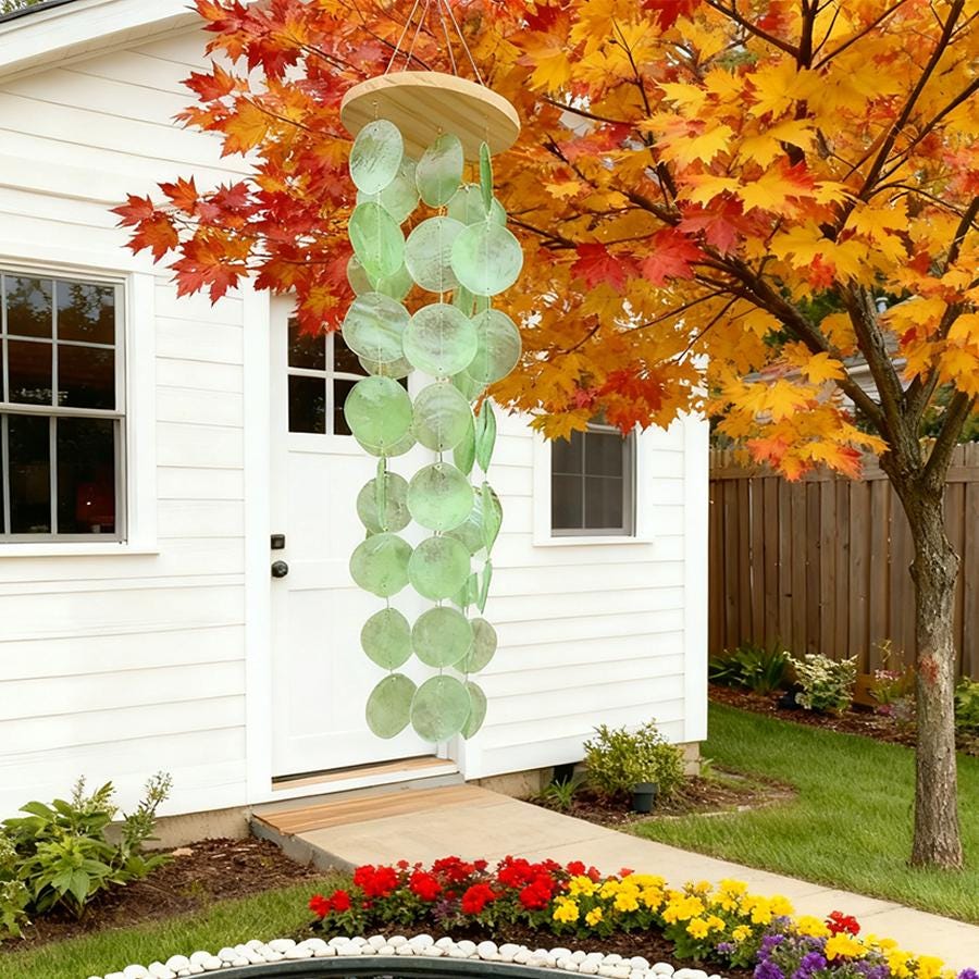 Green Hand Weaved Wind chime, Windchimes for Outdoors, Capiz Shell Wind Chime for Patio Balcony Decor, Boho Ornament
