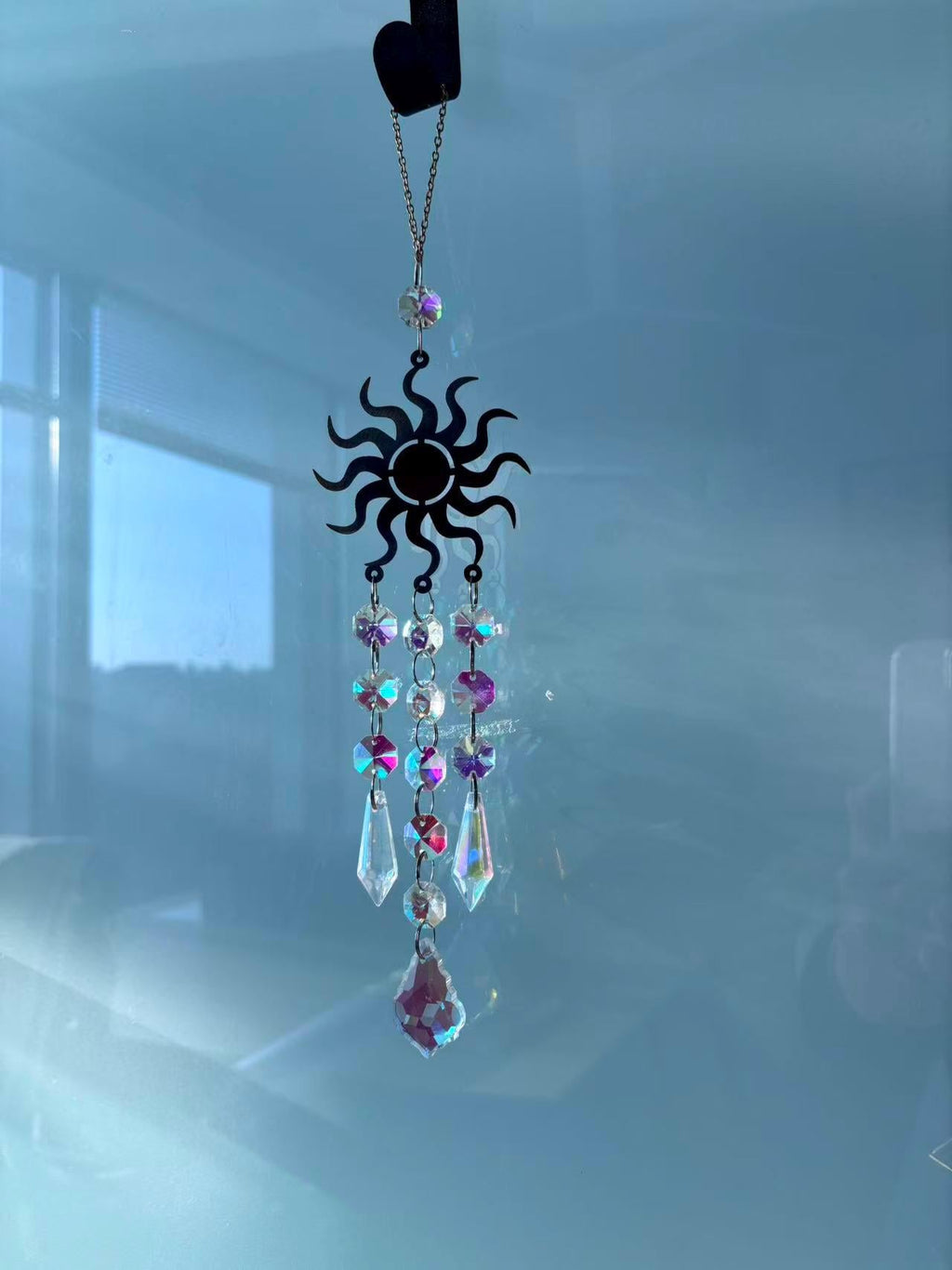 Metal Sunburst Sun Catcher, Captures Rainbows and Light, Sparkling Window Hanging Decor for Home