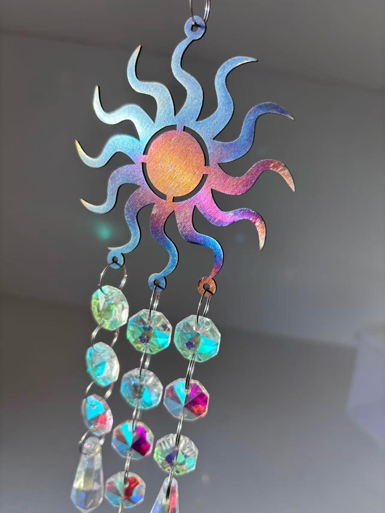 Metal Sunburst Sun Catcher, Captures Rainbows and Light, Sparkling Window Hanging Decor for Home