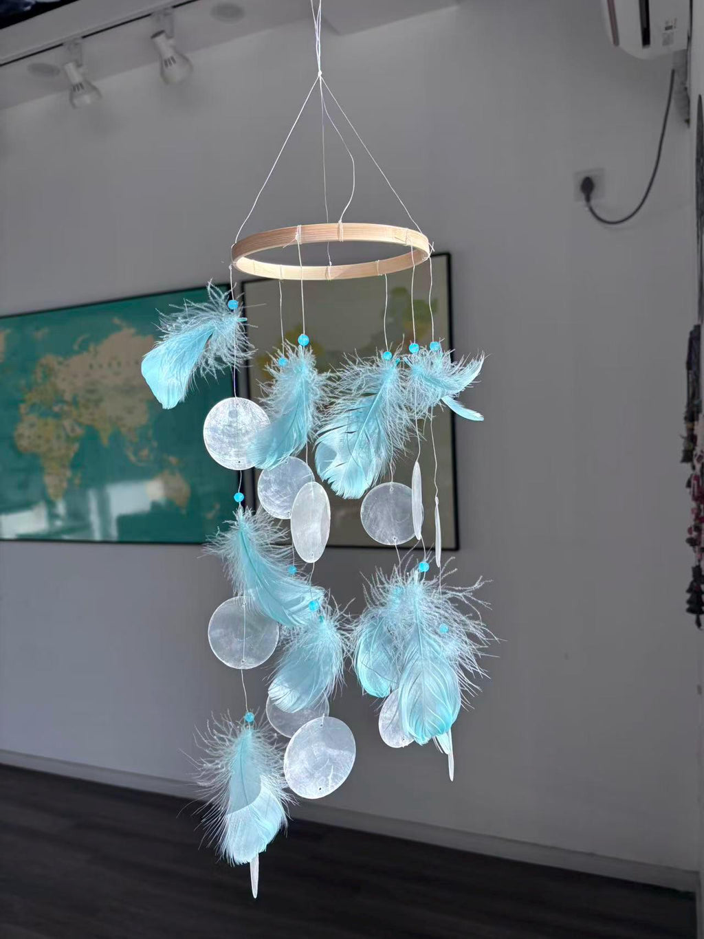 Blue Feather and White Shell Wind Chime, Boho Coastal Decor, Meditation Garden Ornament.