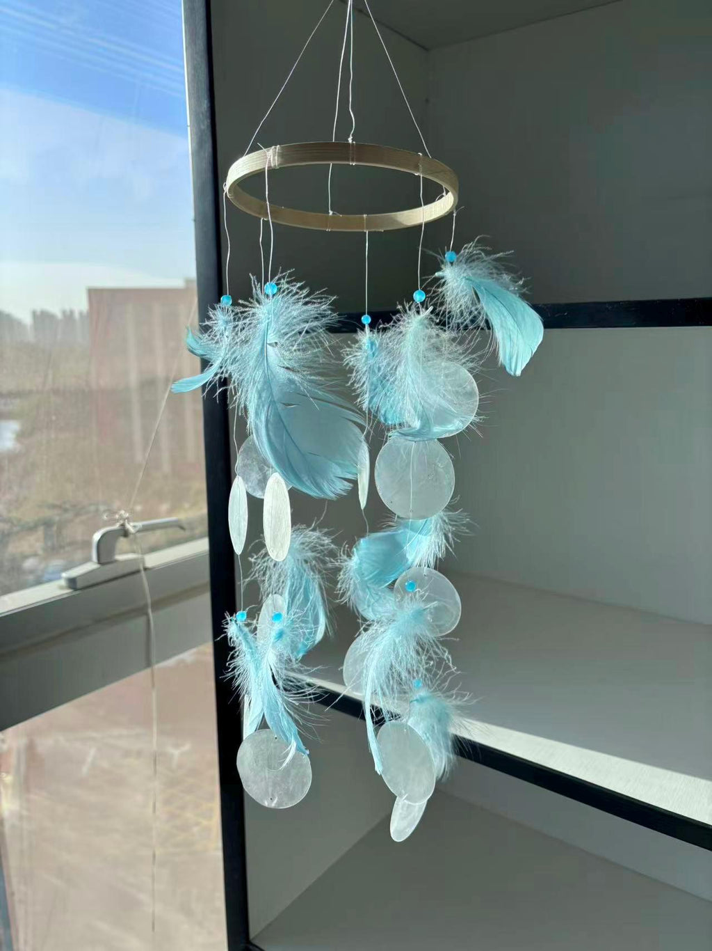 Blue Feather and White Shell Wind Chime, Boho Coastal Decor, Meditation Garden Ornament.