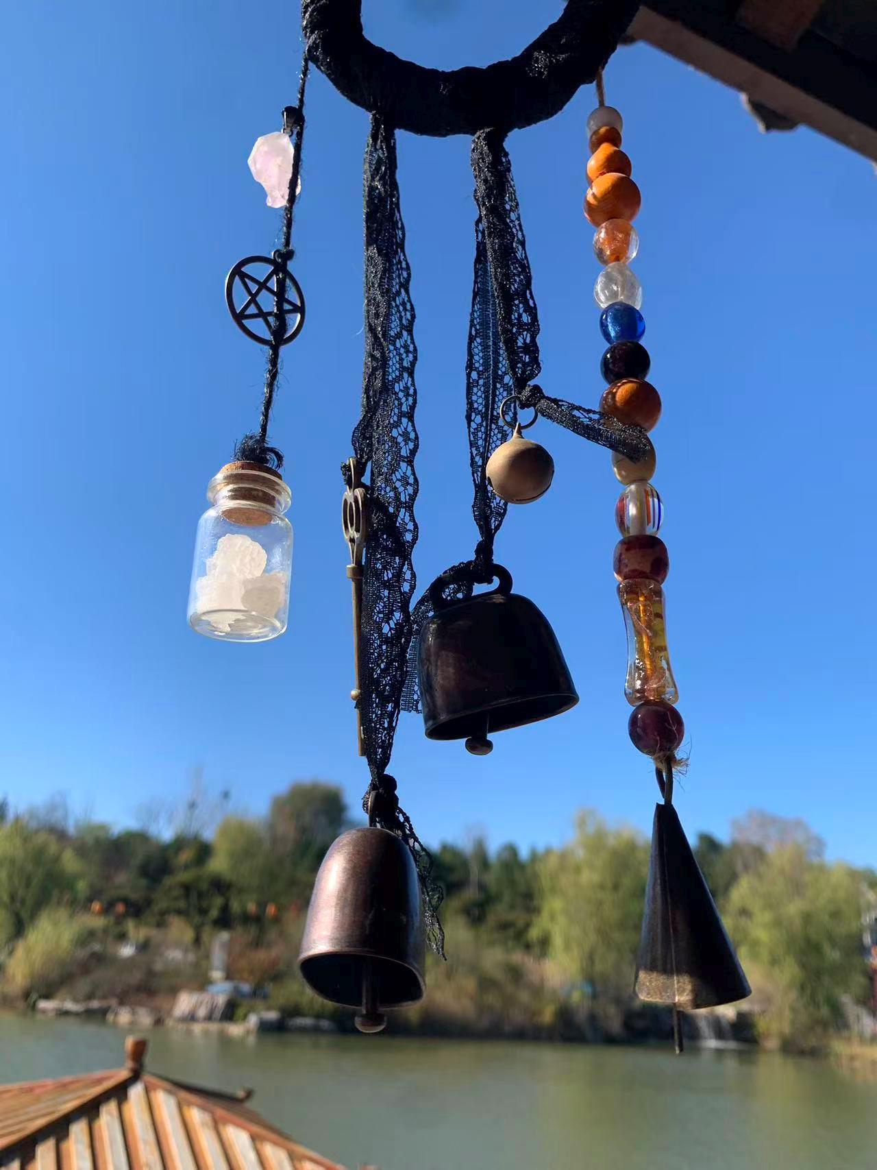 Black Wreath Hanging Wind Bell for Door Hangers, Witch Bells with Vintage Antique Iron Key, Purple Stone and Black Lace, Witchy Gift