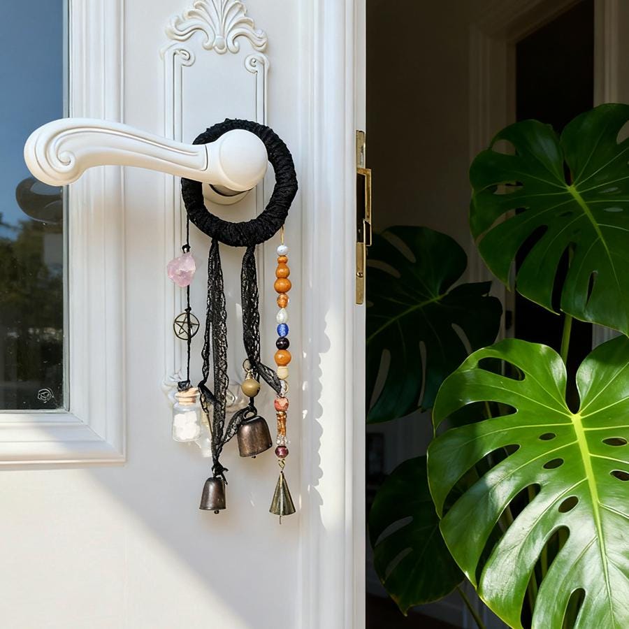 Black Wreath Hanging Wind Bell for Door Hangers, Witch Bells with Vintage Antique Iron Key, Purple Stone and Black Lace, Witchy Gift