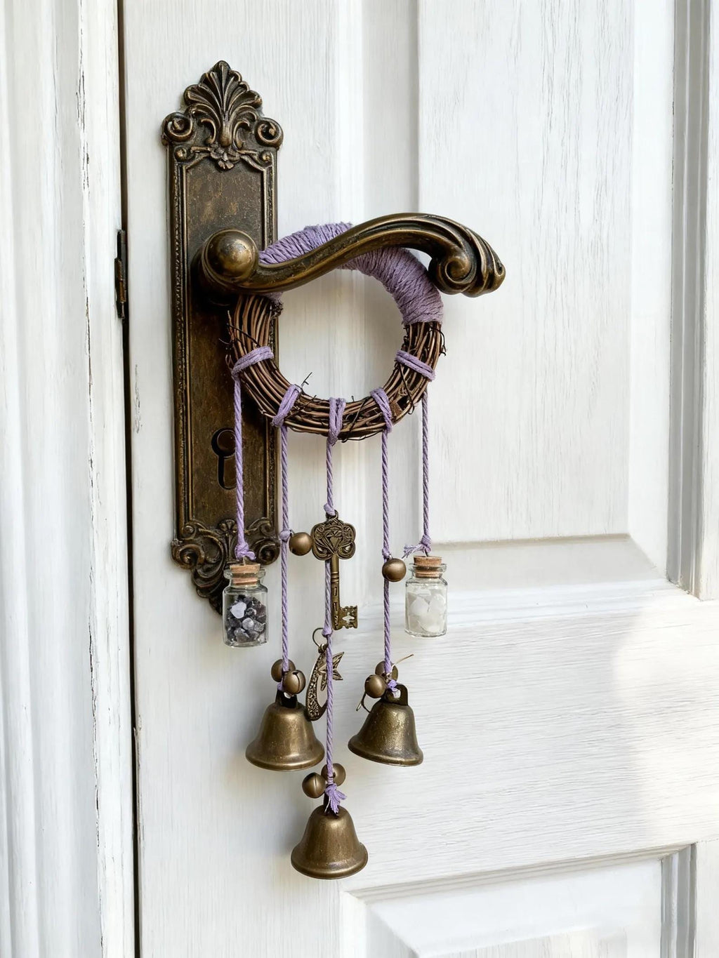 Purple Witch Bell Wreath, Witch Bells for Door Protection, Hanging Door Knob Protection Bells, Wicca Altar House Doorknob Protection Bell