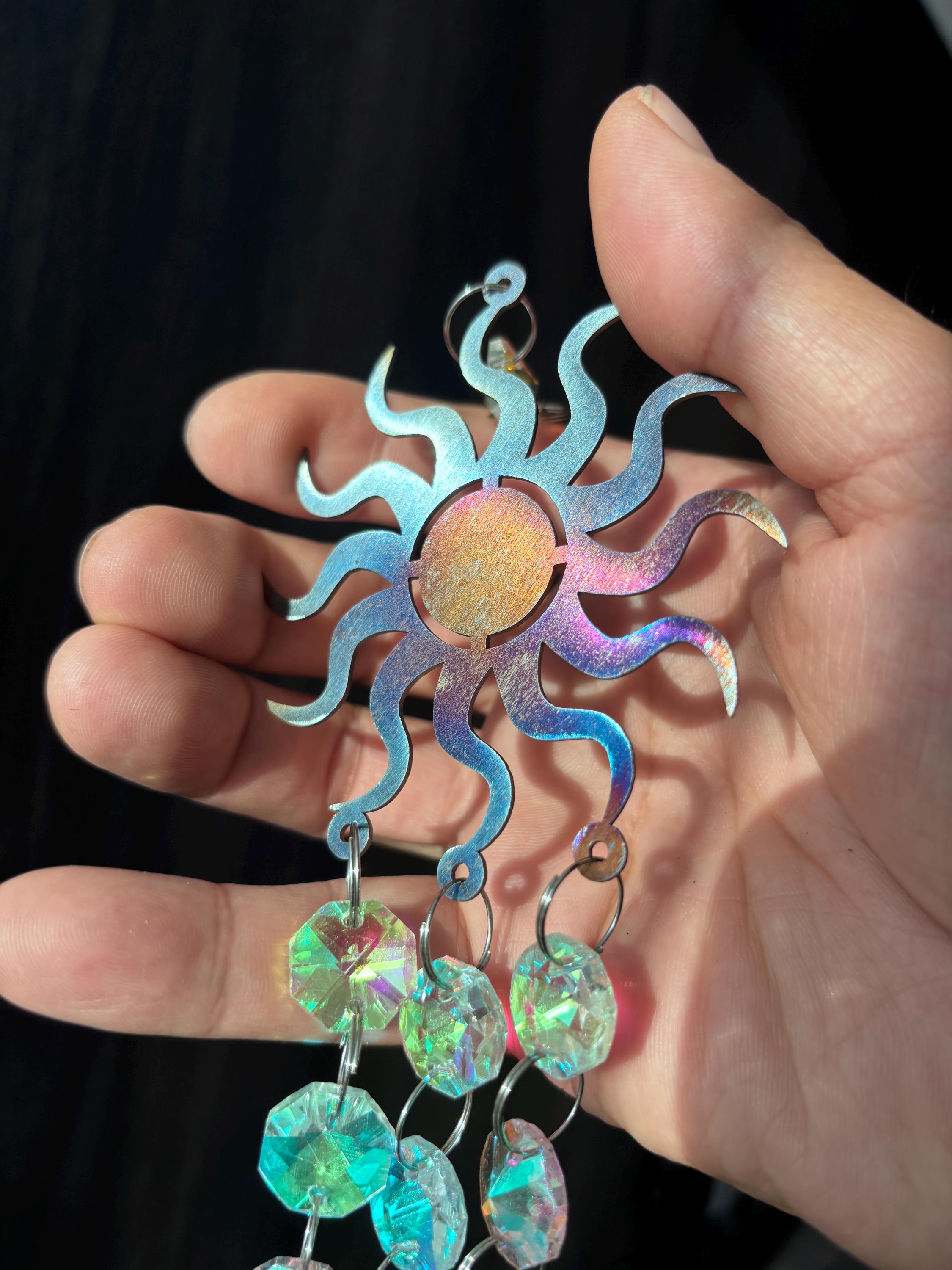Metal Sunburst Sun Catcher, Captures Rainbows and Light, Sparkling Window Hanging Decor for Home