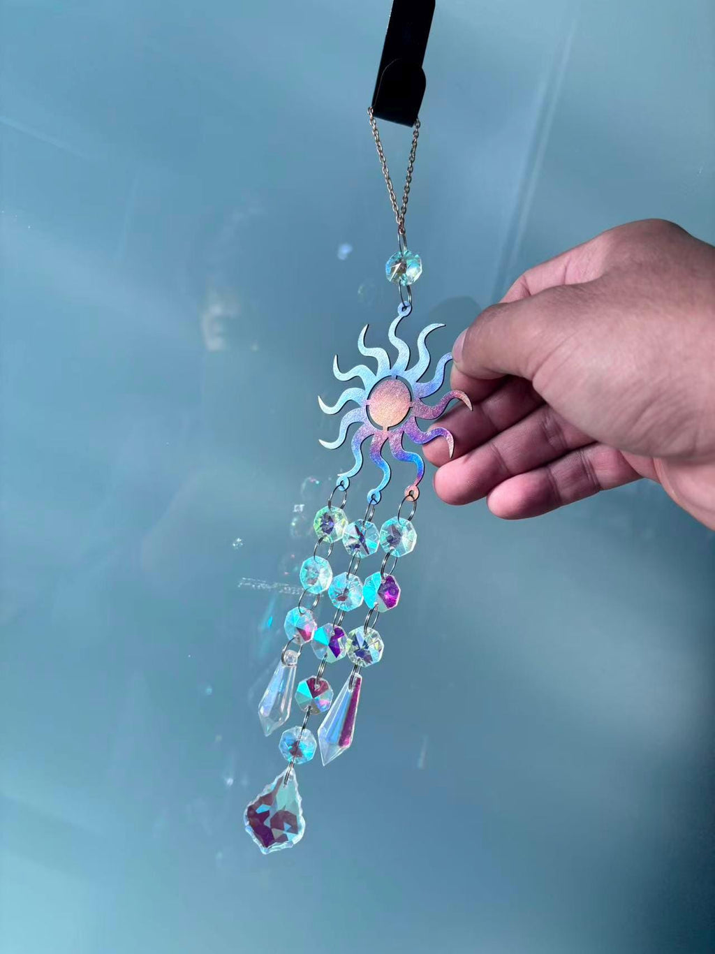 Metal Sunburst Sun Catcher, Captures Rainbows and Light, Sparkling Window Hanging Decor for Home