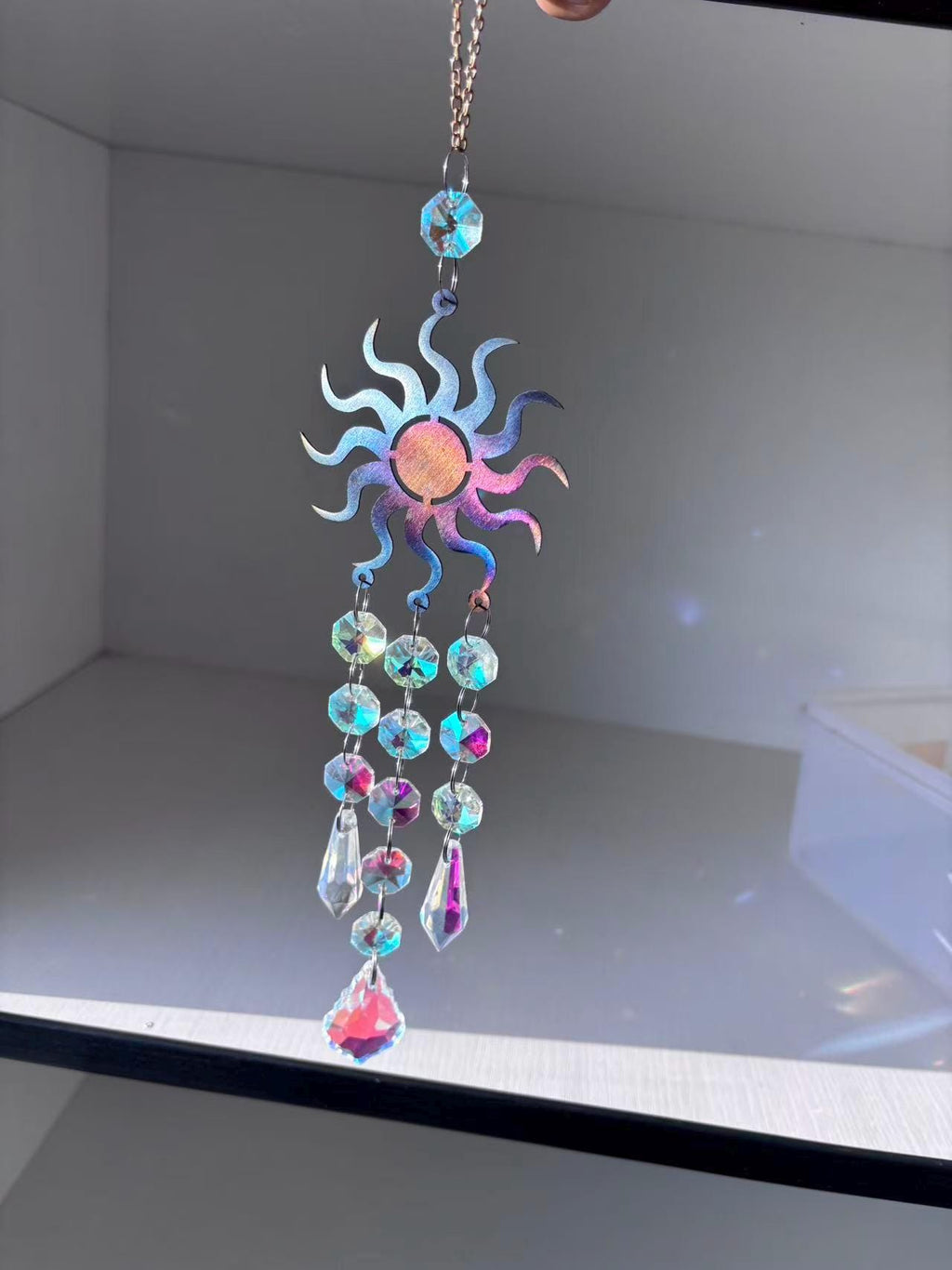 Metal Sunburst Sun Catcher, Captures Rainbows and Light, Sparkling Window Hanging Decor for Home