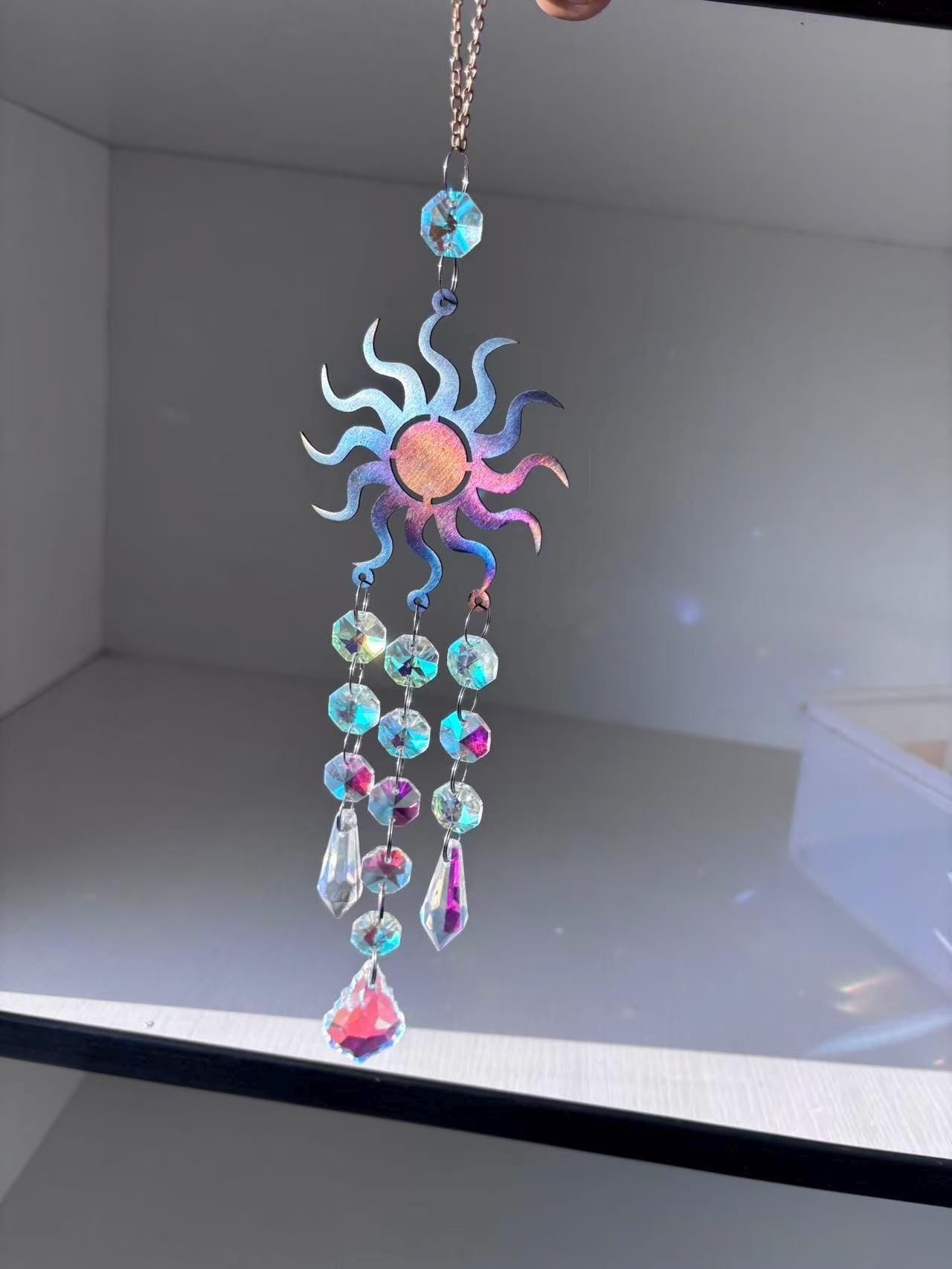 Metal Sunburst Sun Catcher, Captures Rainbows and Light, Sparkling Window Hanging Decor for Home