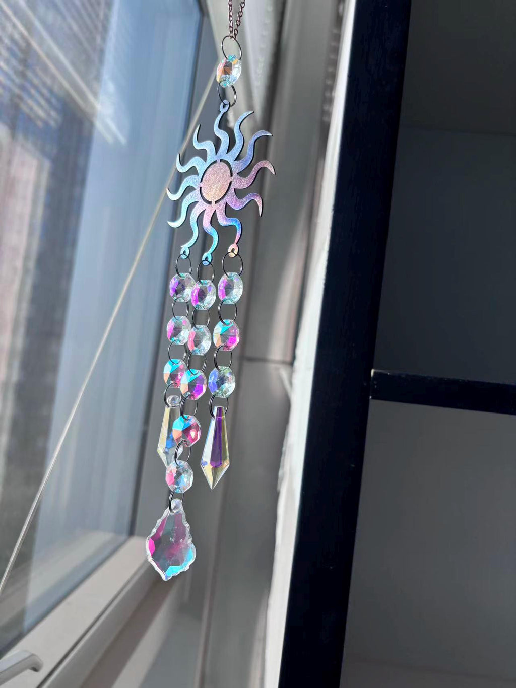 Metal Sunburst Sun Catcher, Captures Rainbows and Light, Sparkling Window Hanging Decor for Home